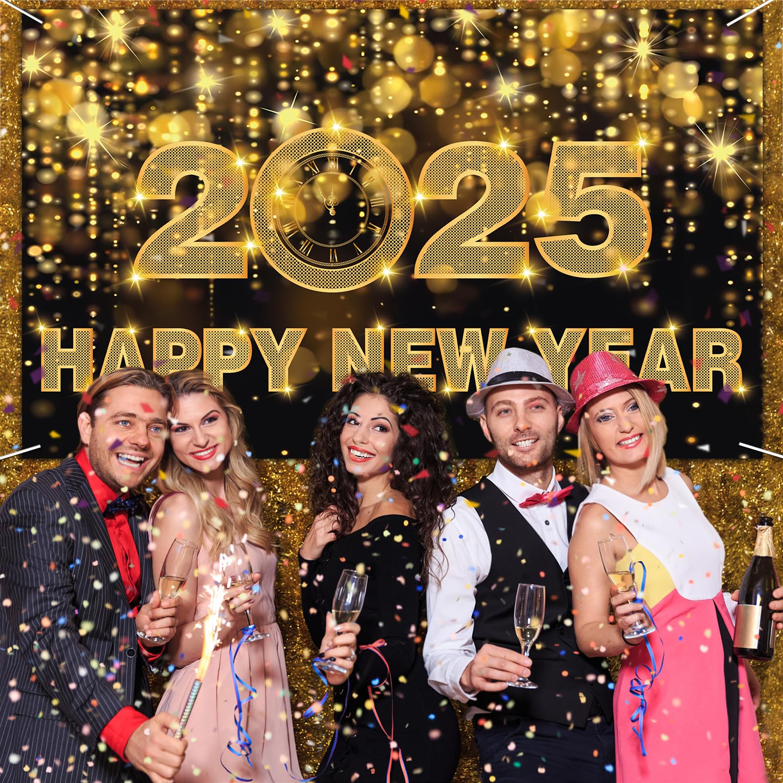 Happy New Year Decorations 2025, 70.8 * 45IN Happy New Year Banner 2025 Happy New Year Backdrop for Black and Gold New Years Eve Party Supplies 2025