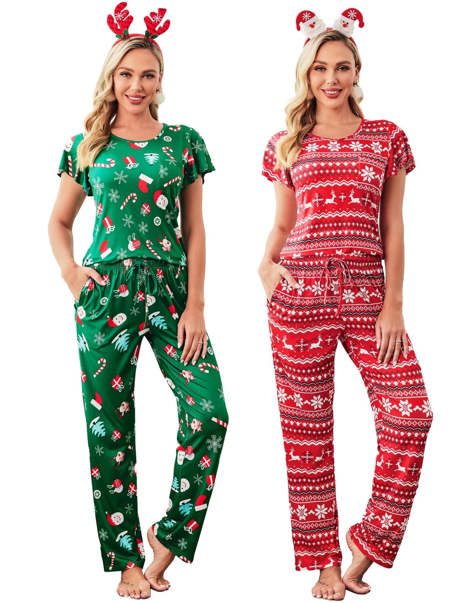 Ekouaer 2 Pack Womens Pajama Sets Short Sleeve with Long Pajama Pant Set Soft Sleepwear Printed Pj Lounge Set with Pockets