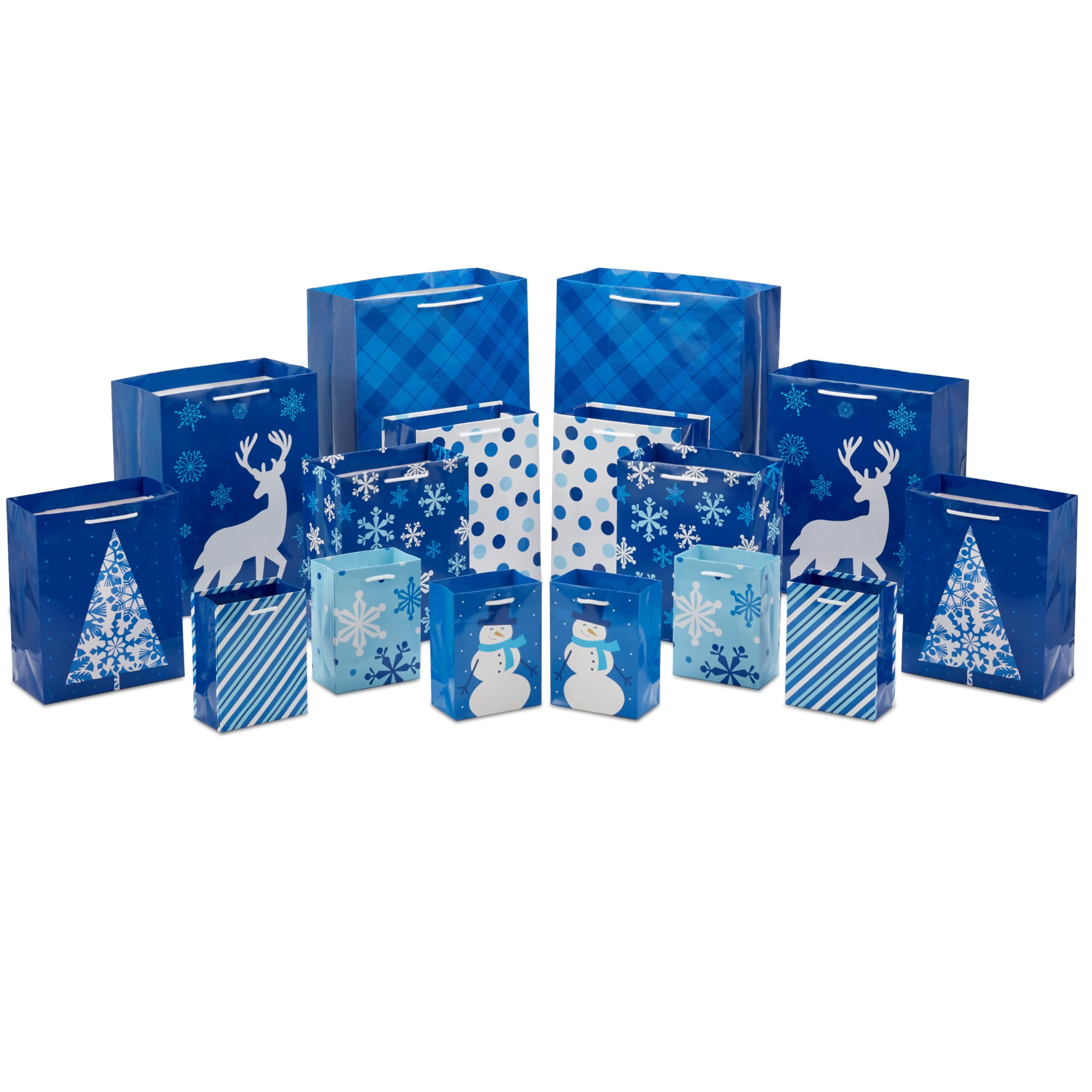 Image Arts Assorted Christmas Gift Bags Bulk - Blue Plaid, Snowman, Deer, Tree, Snowflakes (16 Bags: 6 Small 5", 6 Medium 8", 2 Large 11", 2 XL 14") for Holiday Parties, Hanukkah, Weddings