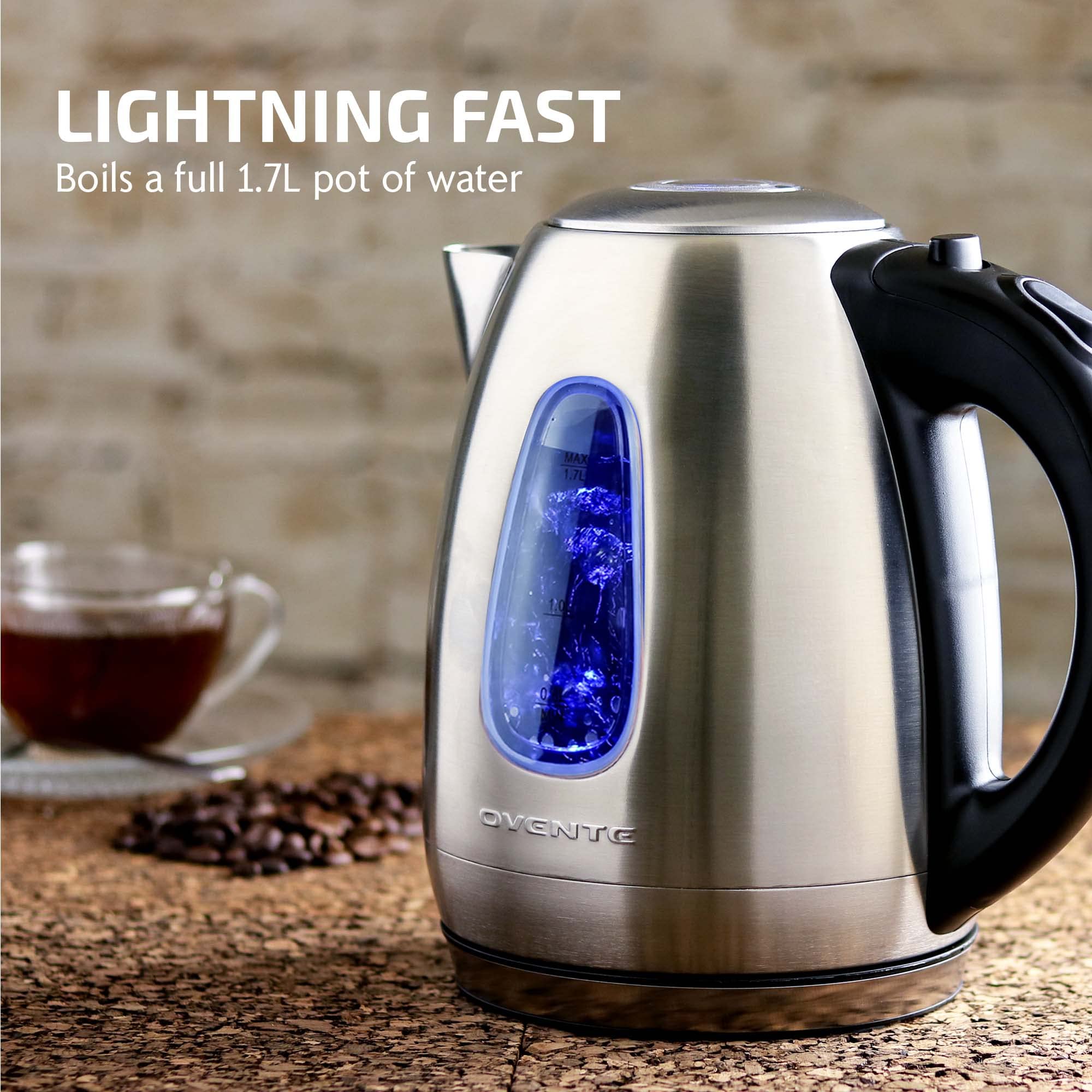 OVENTE Electric Kettle Stainless Steel Instant Water Boiler BPA Free 1.7 Liter 1100 Watts Fast Boiling with Cordless Body and Automatic Shut Off Safe and Perfect for Tea Coffee Milk, Silver KS96S