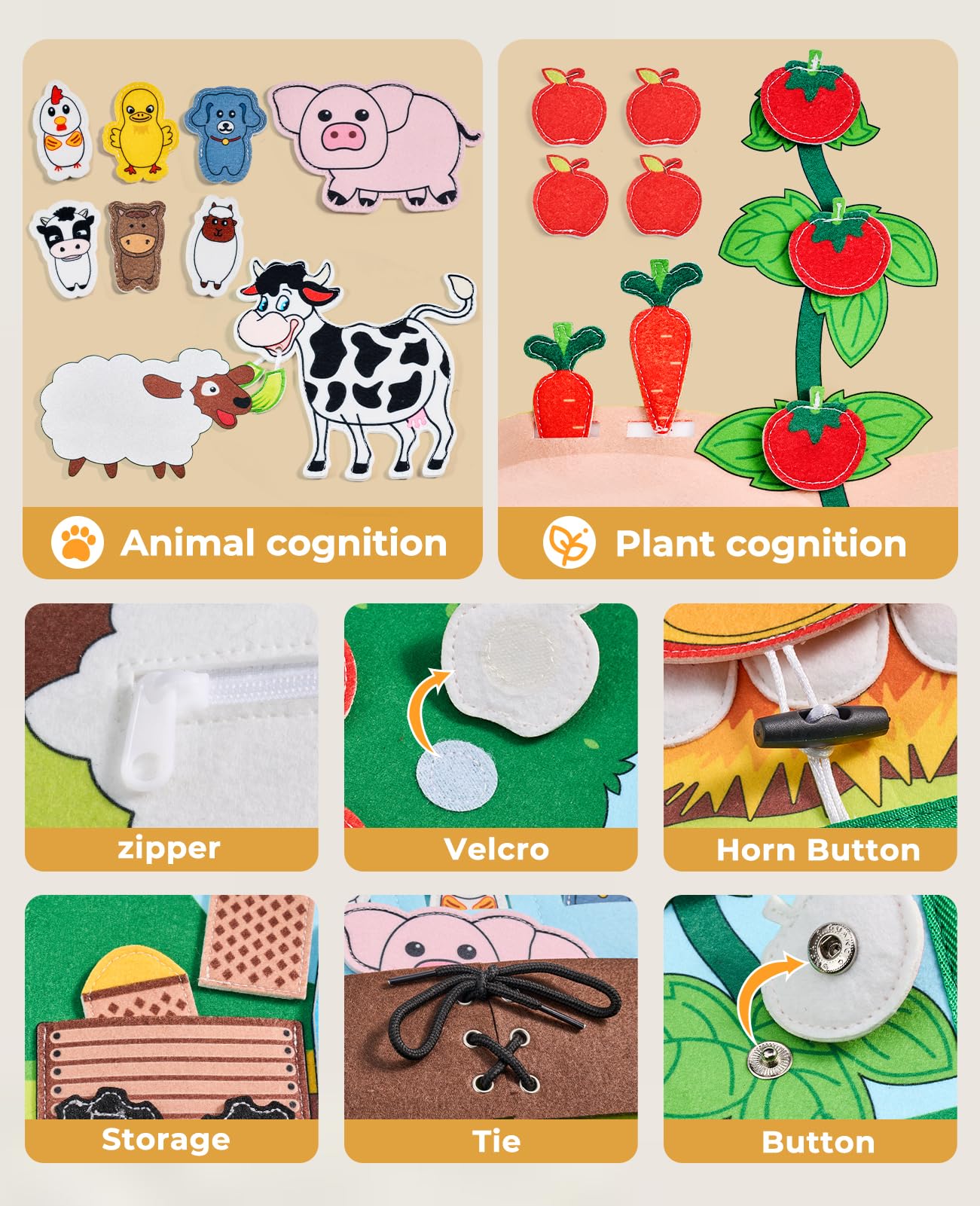 JoyCat Farm Animal Busy Book for Toddlers Montessori Busy Board for 1 2 3 4 Year Old Boy Girl Birthday Gift - Quiet Activity Book with Life Skills, Cognition, Sorting, Matching - Autism Sensory Toy
