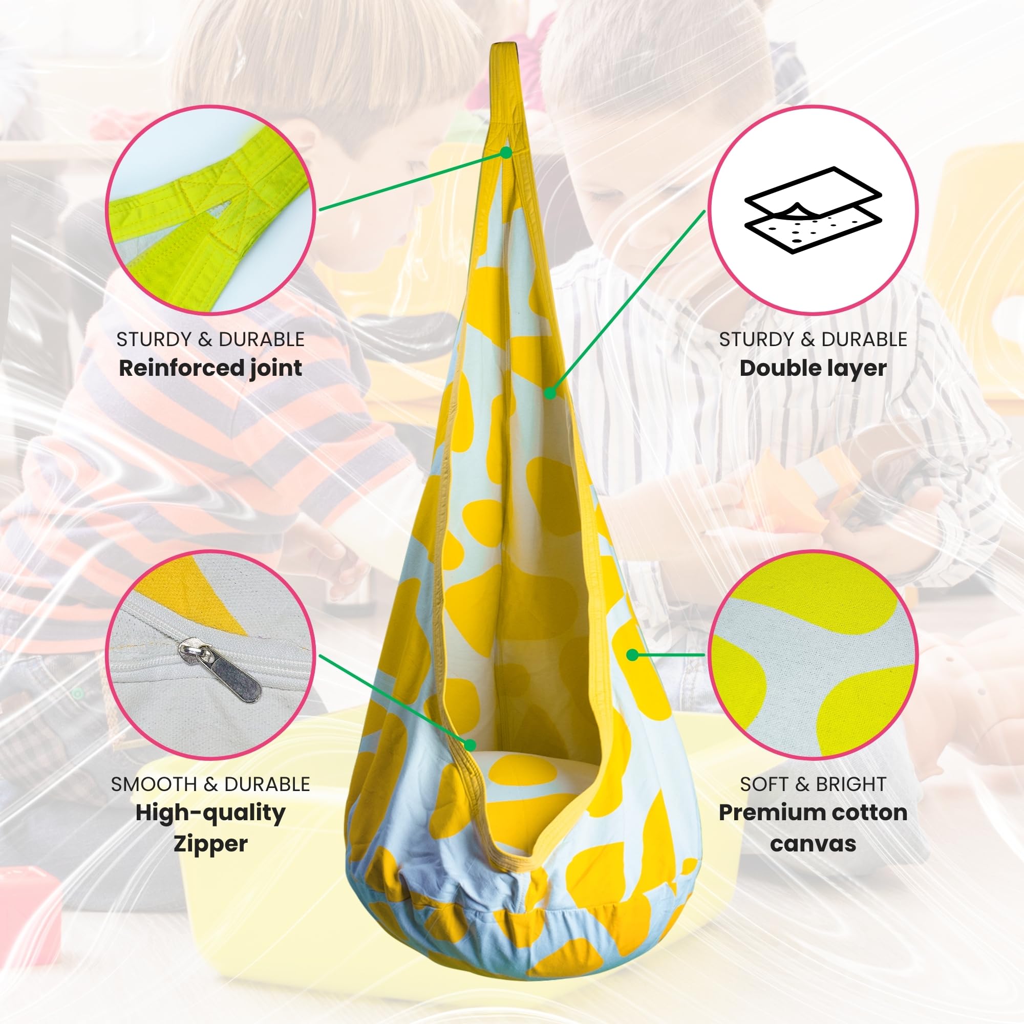 ARO GOM Calming Sensory Swing — Indoor Sensory Hammock for Kids & Adults, Supports up to 170 lb (77 kg), Double-Layer Canvas Fabric, Hanging Hardware Included, White-Yellow