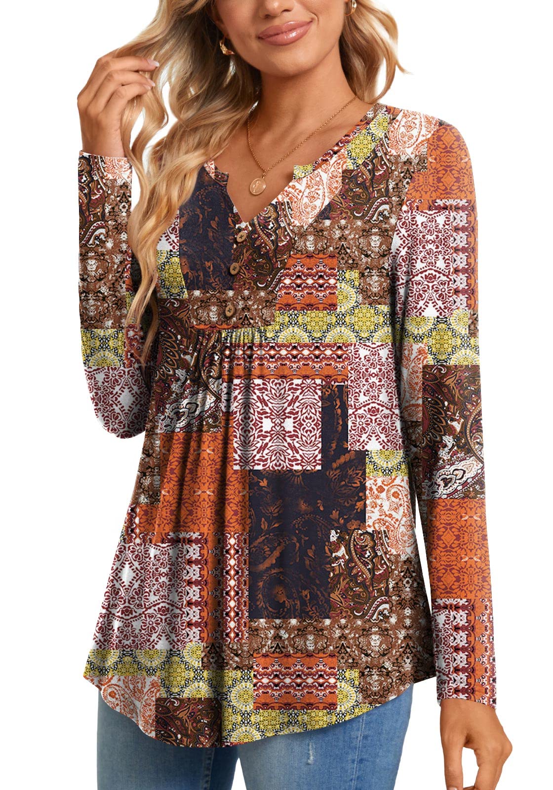 CATHY Womens Long Sleeve Tunic Tops Henley Shirt V-neck Button Down Blouse Casual Pleated Basic Pullover, L, Long Flower Multiple Orange