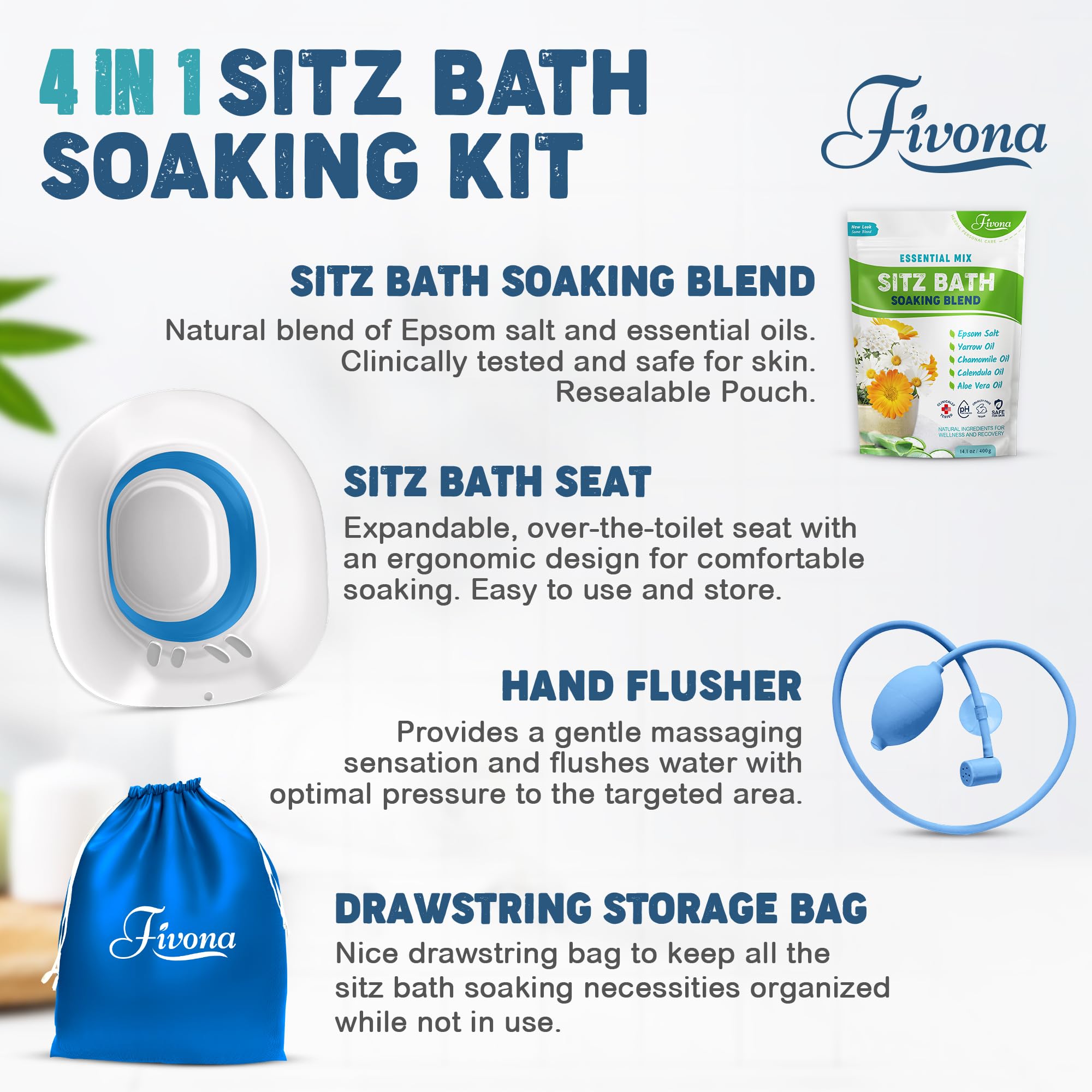 Fivona 4-in-1 Sitz Bath Soak Kit for Hemorrhoids and Postpartum Care 1 Pack of Blend Made of Epsom Salt and Essential Oils Toilet Expandable Seat Storage Bag and Hand Pump for at Home Perineal Soaking