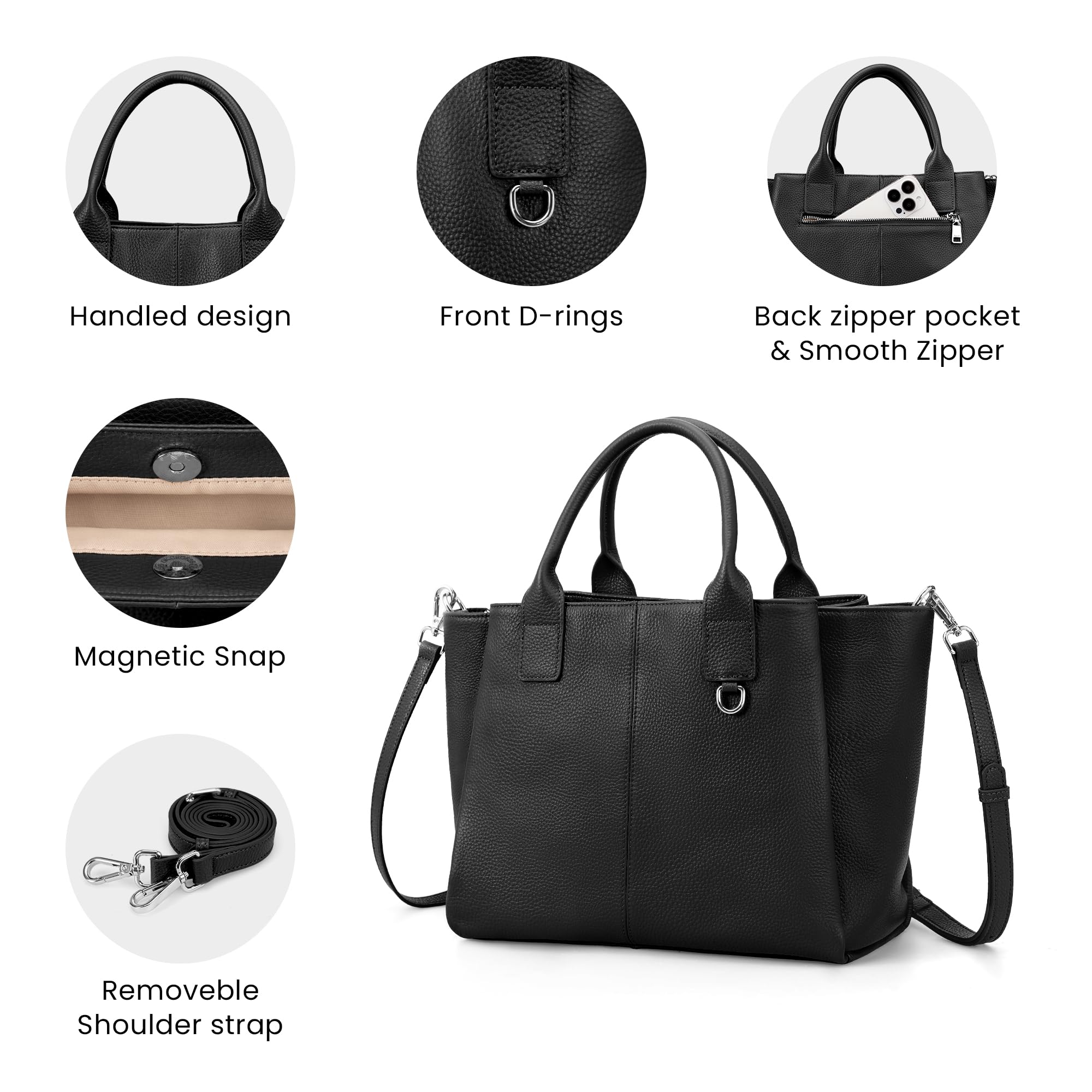 befen Black Leather Tote Bag for Women Medium, Womens Designer Satchel Handbags Crossbody Top Handle Purse with Shoulder Strap