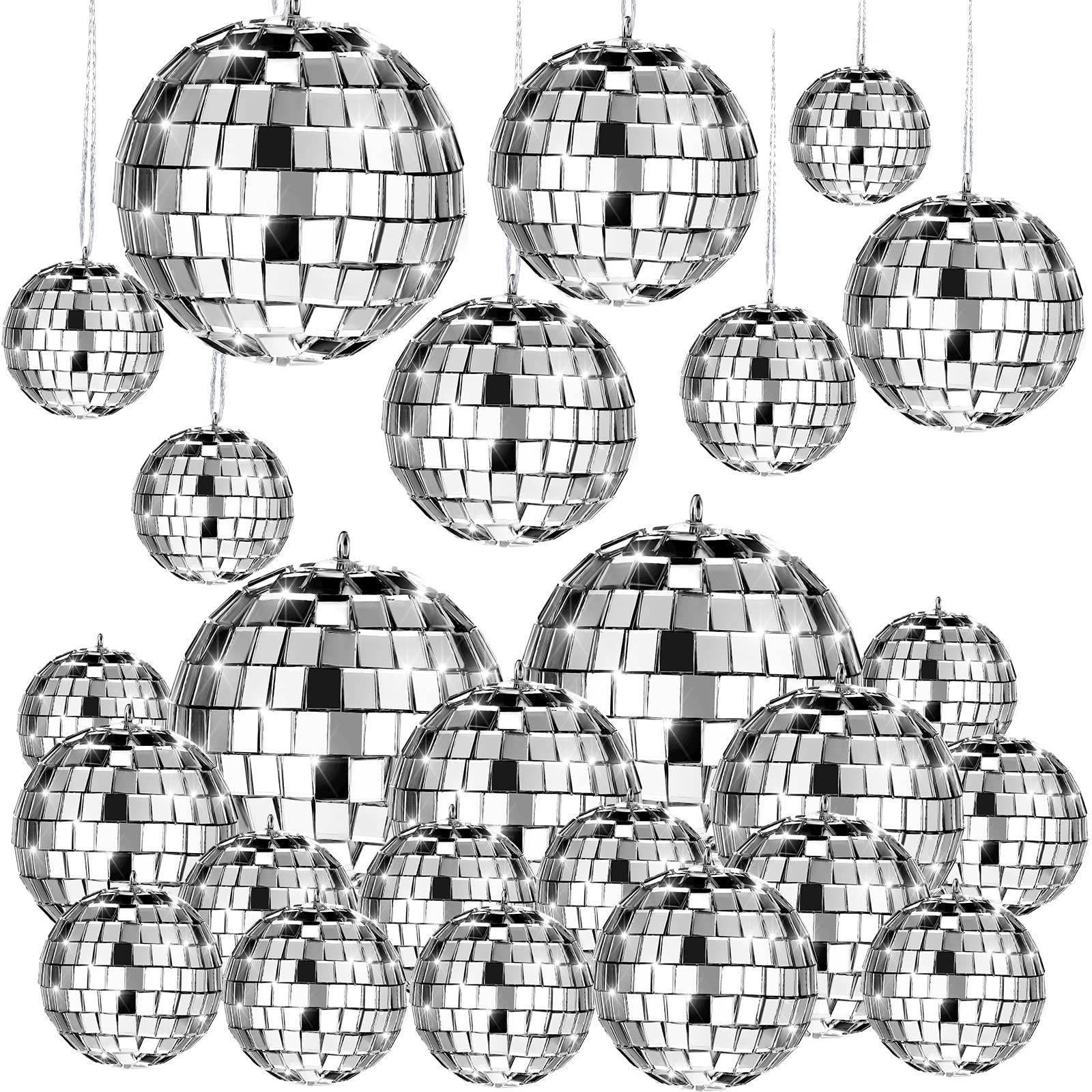 MTLEE 20 Pcs Disco Balls Decoration Hanging Mirror Disco Ball Ornaments New Years Eve Assorted Silver Mini Glass Different Sizes Reflective with Rope(2.4 Inch, 2 Inch, 1.6 Inch, 1.2 Inch)