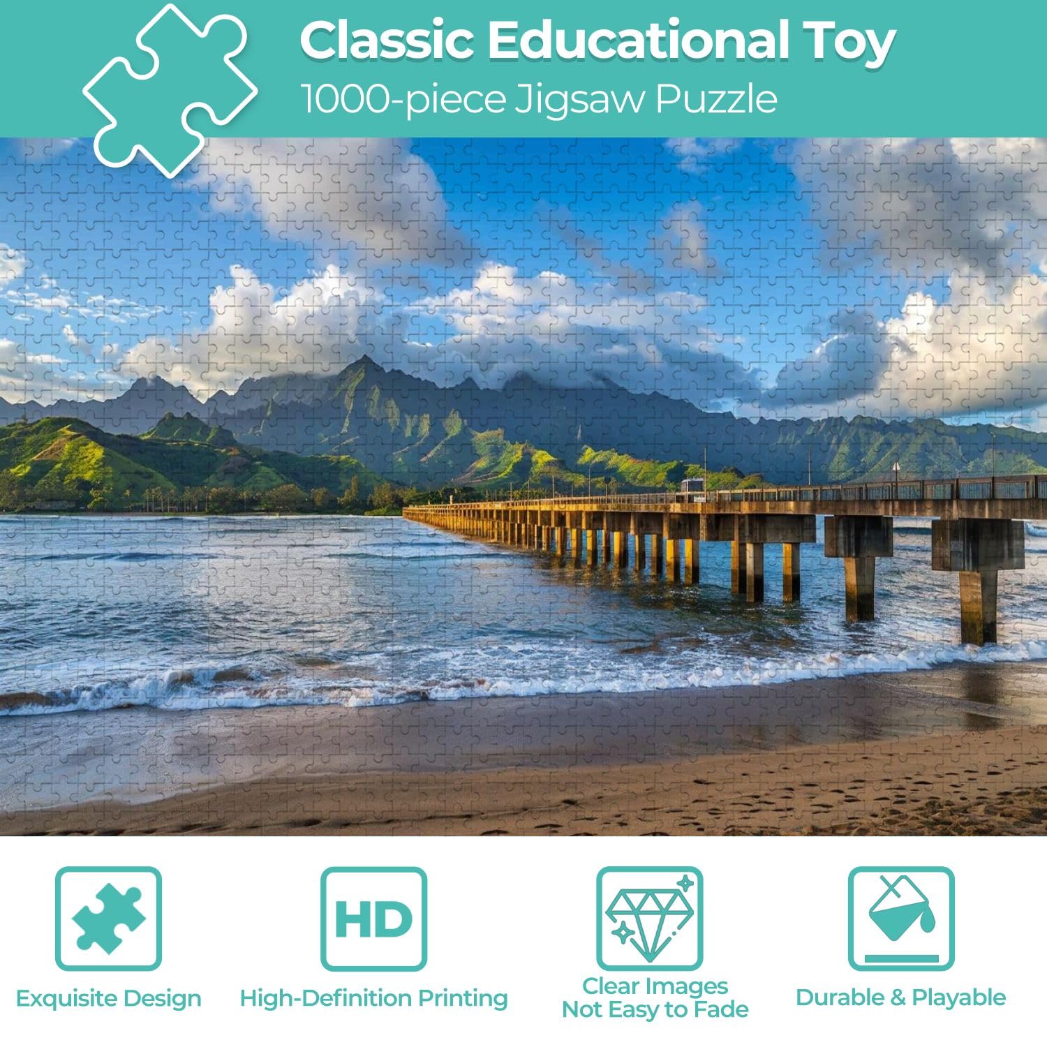 Wooden Jigsaw Puzzles for Adults 1000 Pieces Hanalei Beach Hanalei Bay Kauai Hawaii Fun and Challenging Board Puzzles Large Educational Game Kids Toys Gift Home Decor