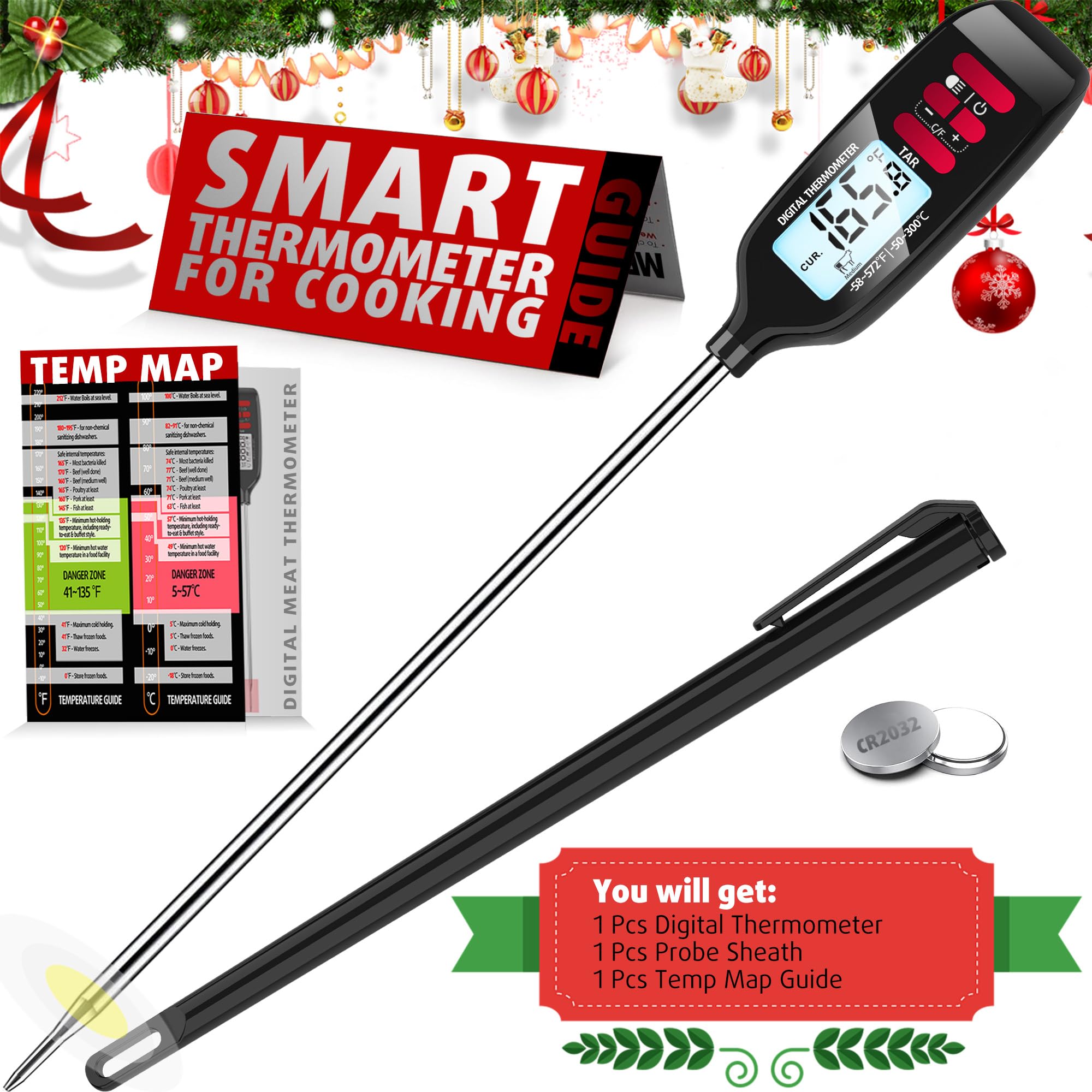 Antonki Meat Thermometer with Long Food Temperature Probe, Digital Instant Read Food Thermometer for Cooking, Chef Kitchen Thermometer with Backlight for Bake, Candy, Grill, BBQ, Oil