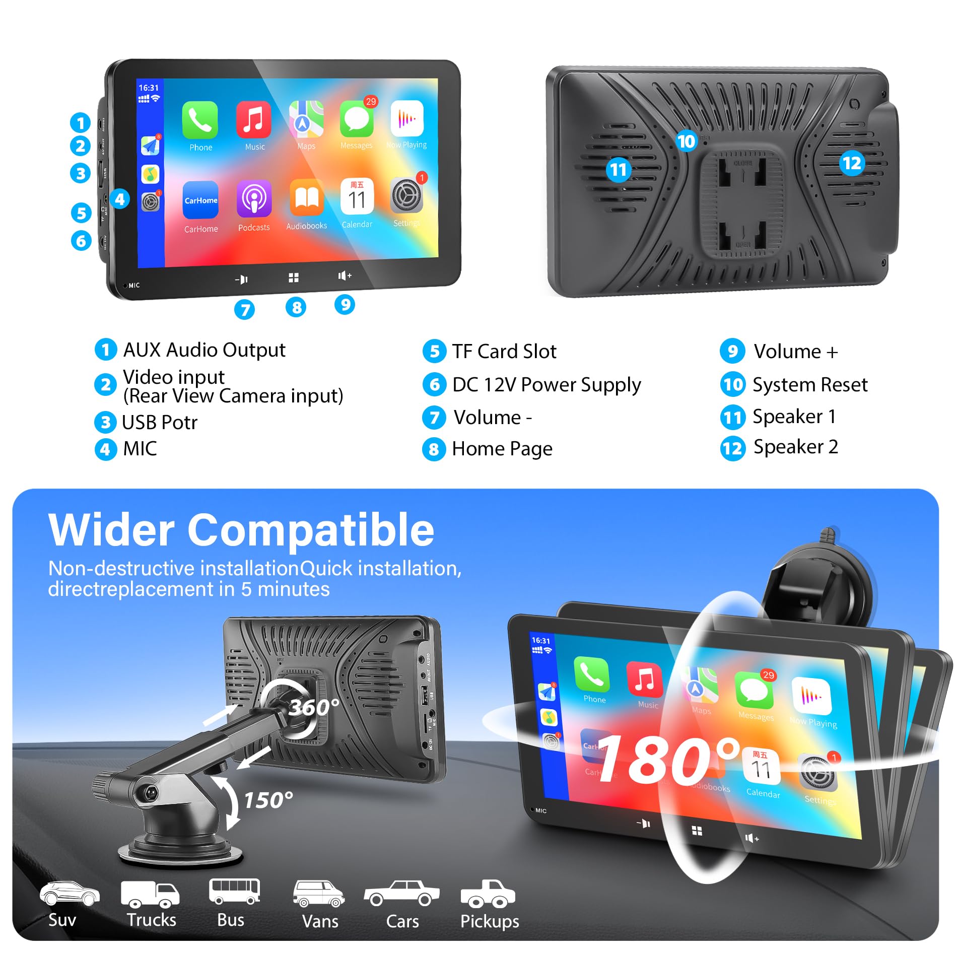 Car Play Screen Portable Wireless CarPlay & Android Auto Carplay Display 7’ HD Touchscreen for Car Stereo Backup Camera Car Radio with Mirror Link/Airplay/BT Hands-Free Call/Mic/TF/USB/AUX