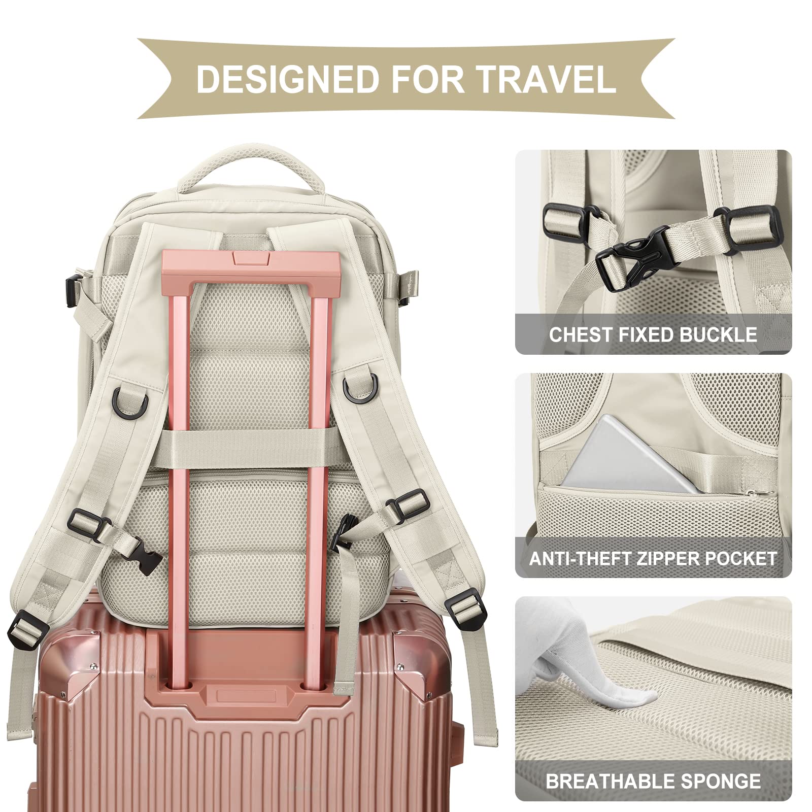 Large Travel Backpack Women Carry On Backpack Flight Approved Hiking Waterproof Rucksack Casual Daypack Laptop bags for airplanes Shoes Compartment Personal Item Travel Weekender Bag Essentials Beige