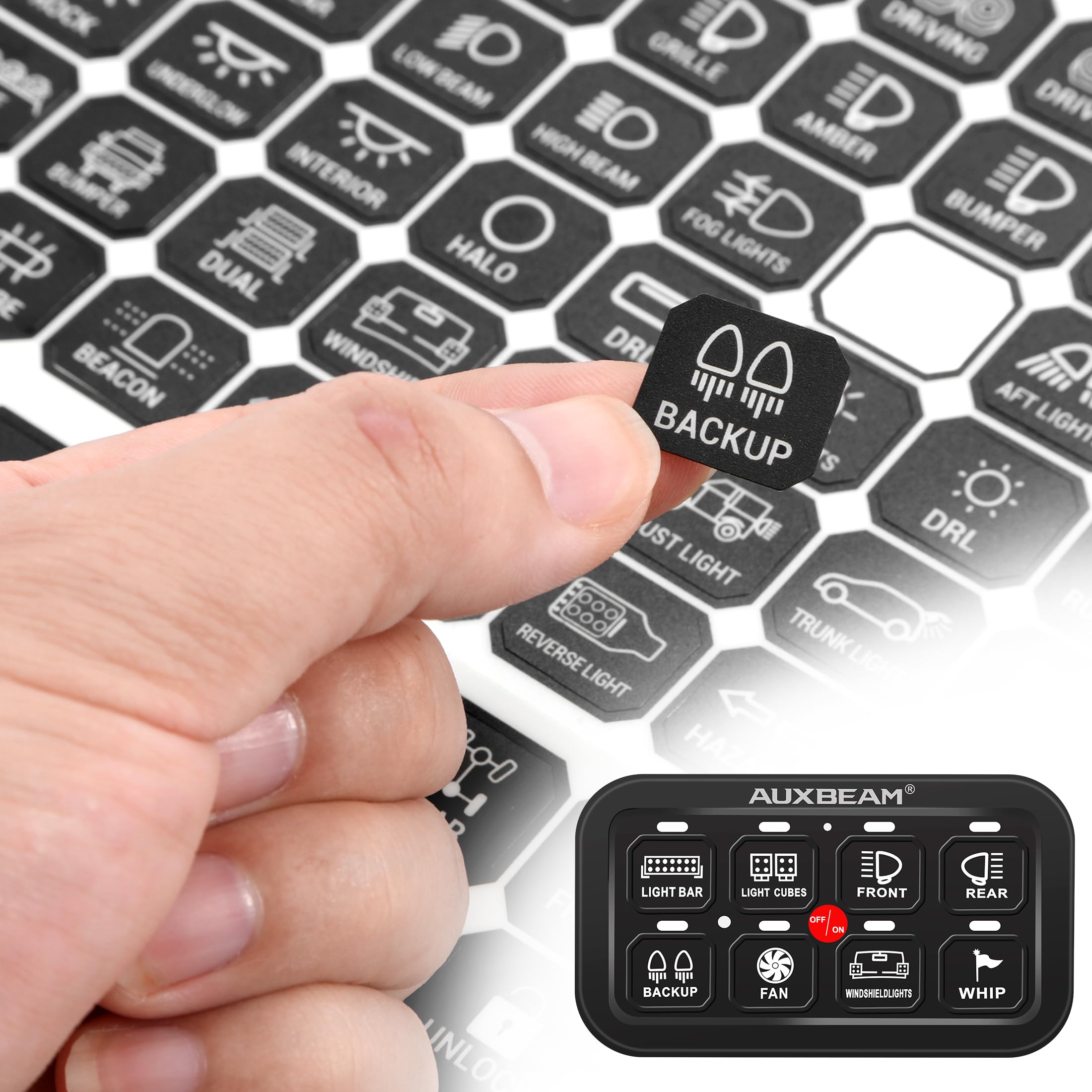 Auxbeam Switch Panel Sticker for 6/8 Gang Switch Panel Label Decal for Circuit Panel Marine Boat Truck Camper Dashboard Switch Control Labels, 160PCS