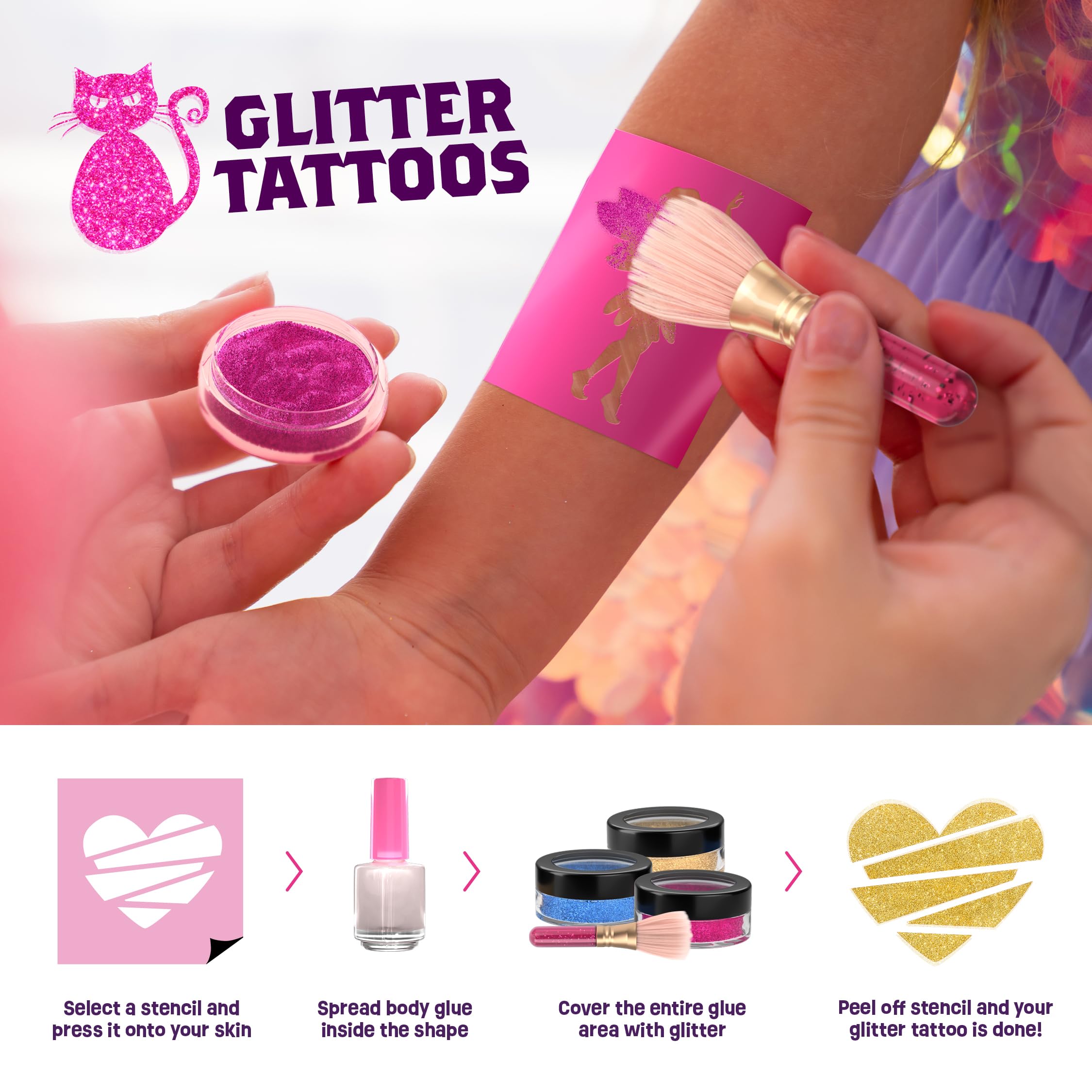 Temporary Shimmery Tattoo Studio Kit for Kids - Glitter & Metallic Fake Tattoos for Girls - Birthday Gift Ideas for Girl - Best Craft Kits Toys Stuff for Ages 6, 7, 8, 9, 10, 11 Year Old - Cool Gifts