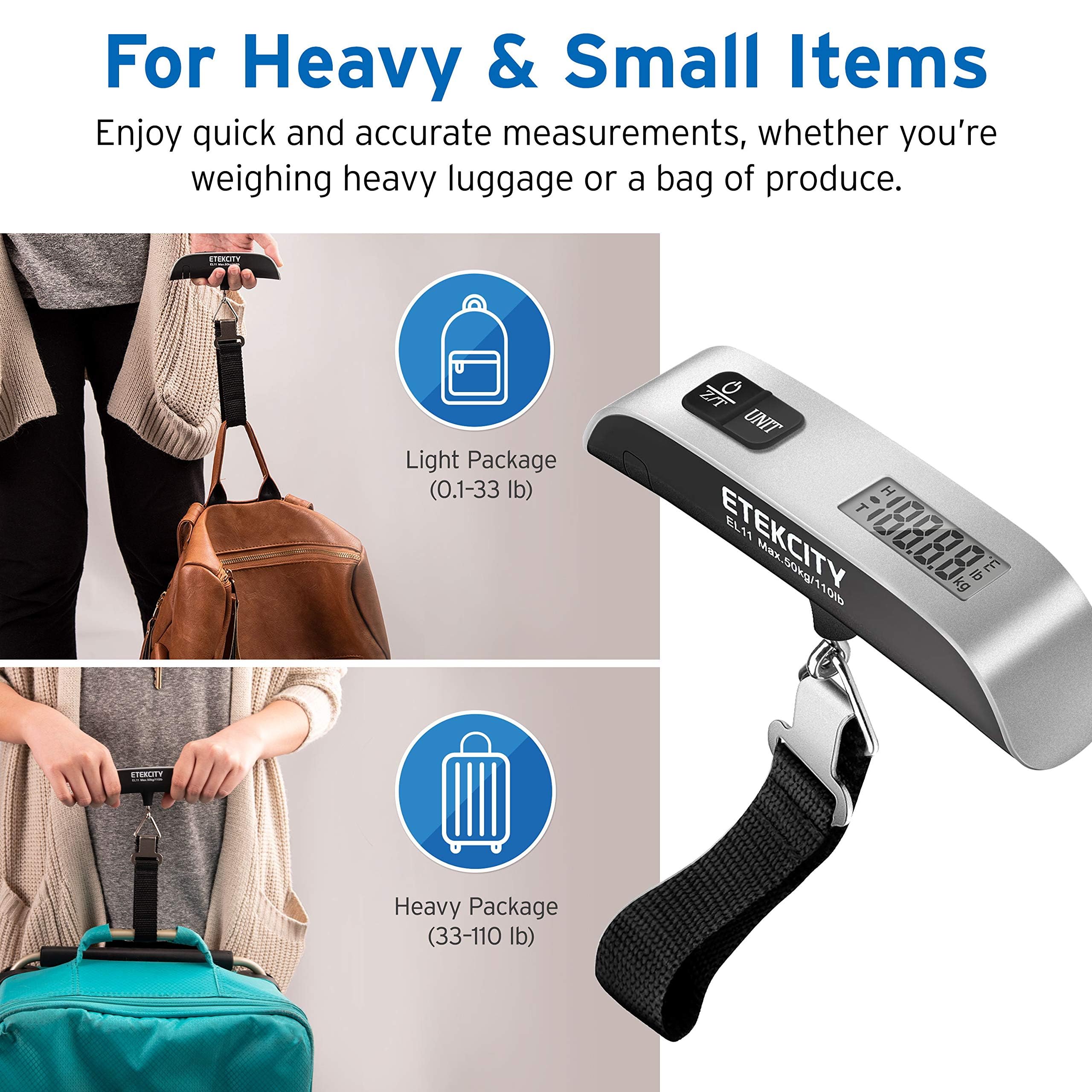 Etekcity Luggage Scale, Travel Essentials, Digital Suitcase Weight Scales for Travel Accessories, Hanging Baggage Scale with hook, 110 Pounds, Battery Included, Silver