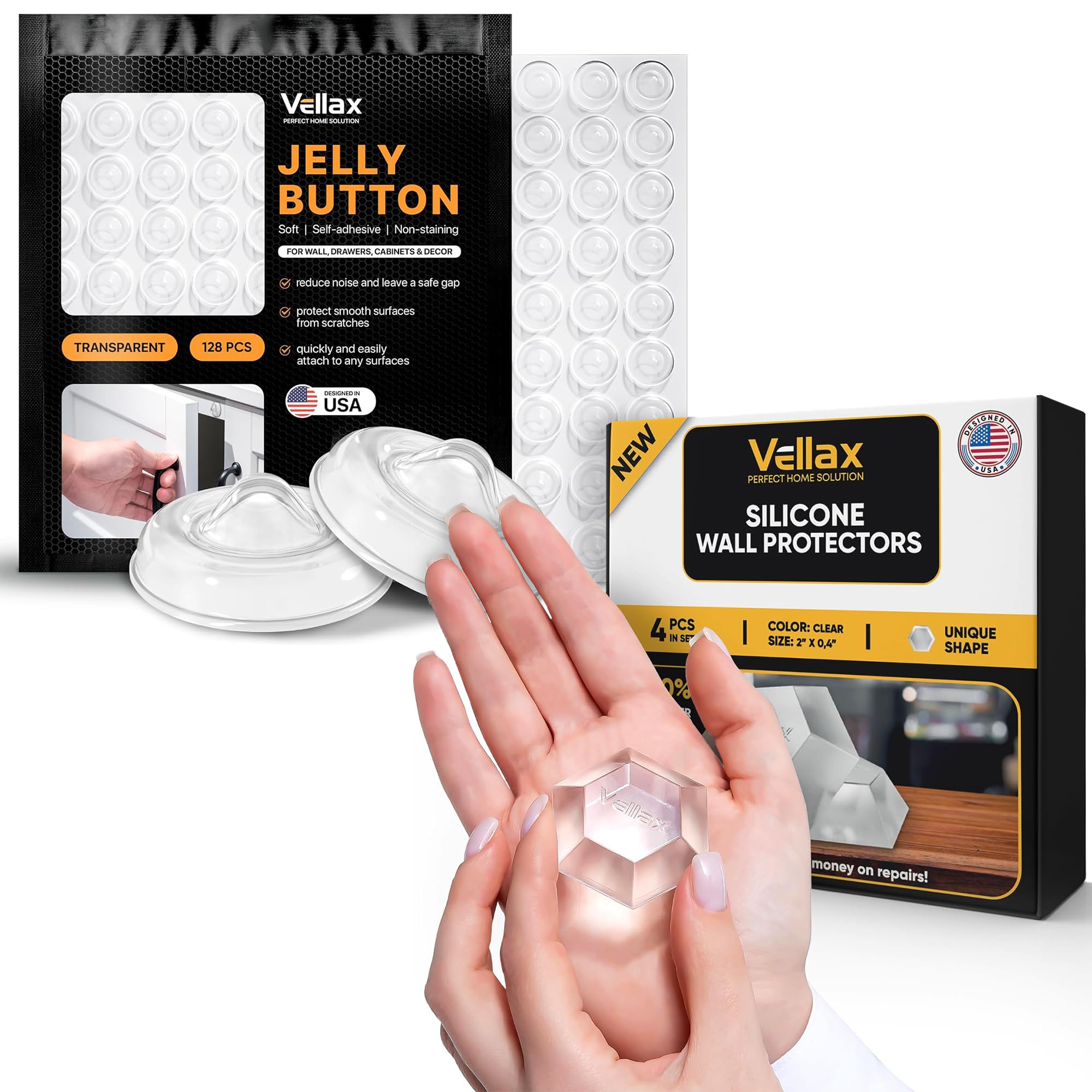 Vellax Home Protection: 128 Cabinet Door Bumpers & 4 Wall Protectors - Clear, Self-Adhesive, Noise-Dampening Solutions for Furniture & Walls