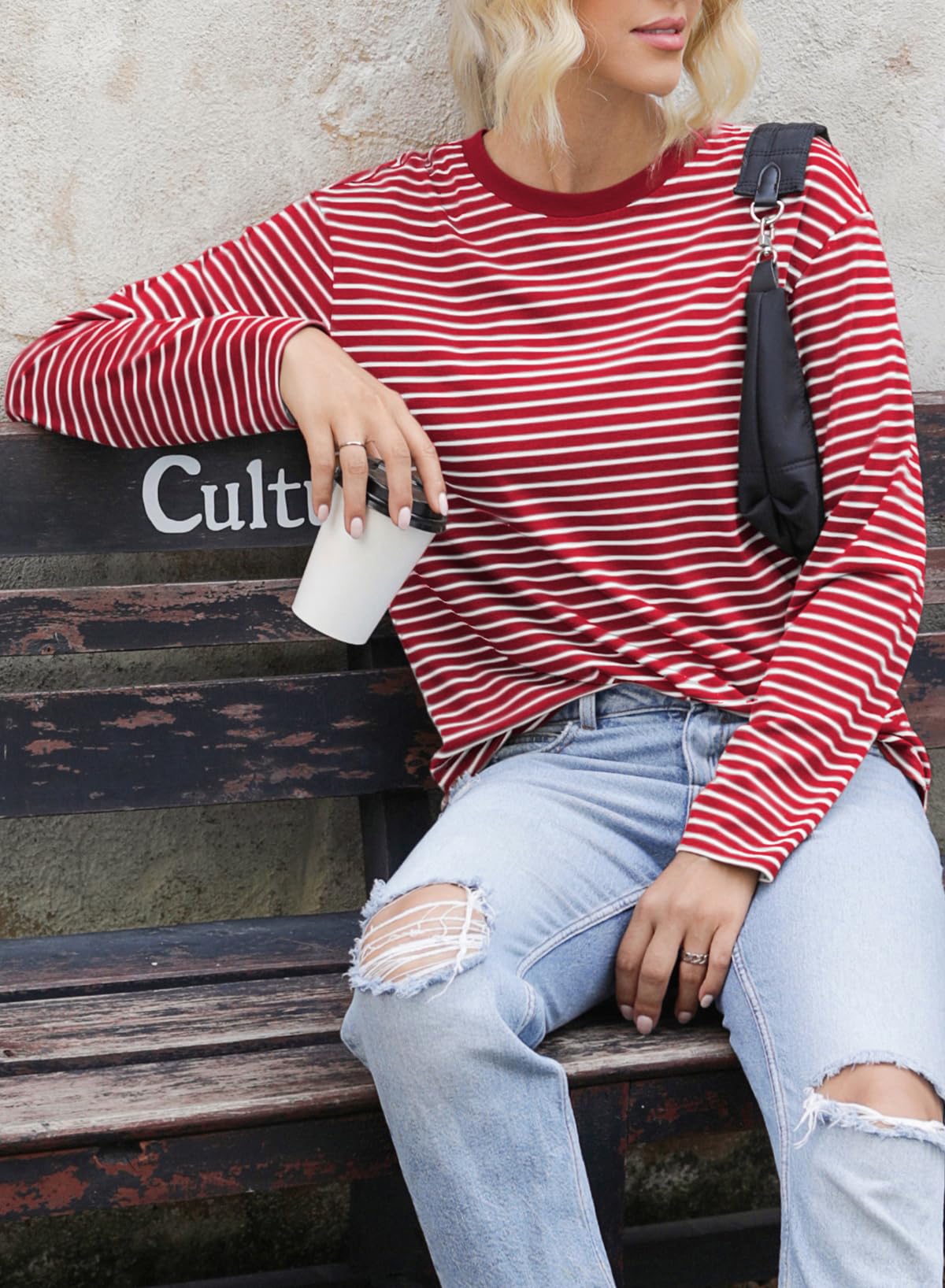 Dokotoo Shirts for Women Crew Neck Striped Long Sleeve Tops Casual Loose Fit Business Shirt Womens Clothes Fall Fashion 2024 Red Stripe XX-Large