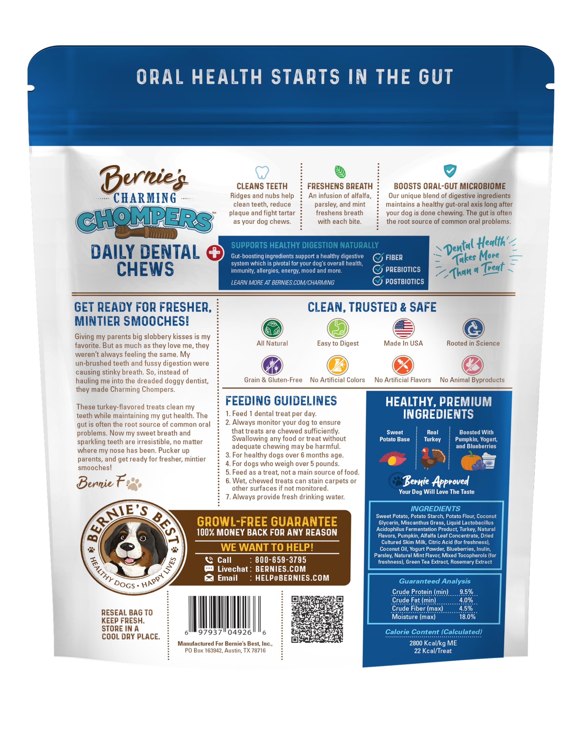 Bernie's Charming Chompers - Daily Dental Chews for Dogs 5-15 Lbs. - 65 Count - Cleans Teeth, Freshens Breath, Boosts Oral-Gut Microbiome. Easy to Digest, Supports Healthy Digestion Naturally