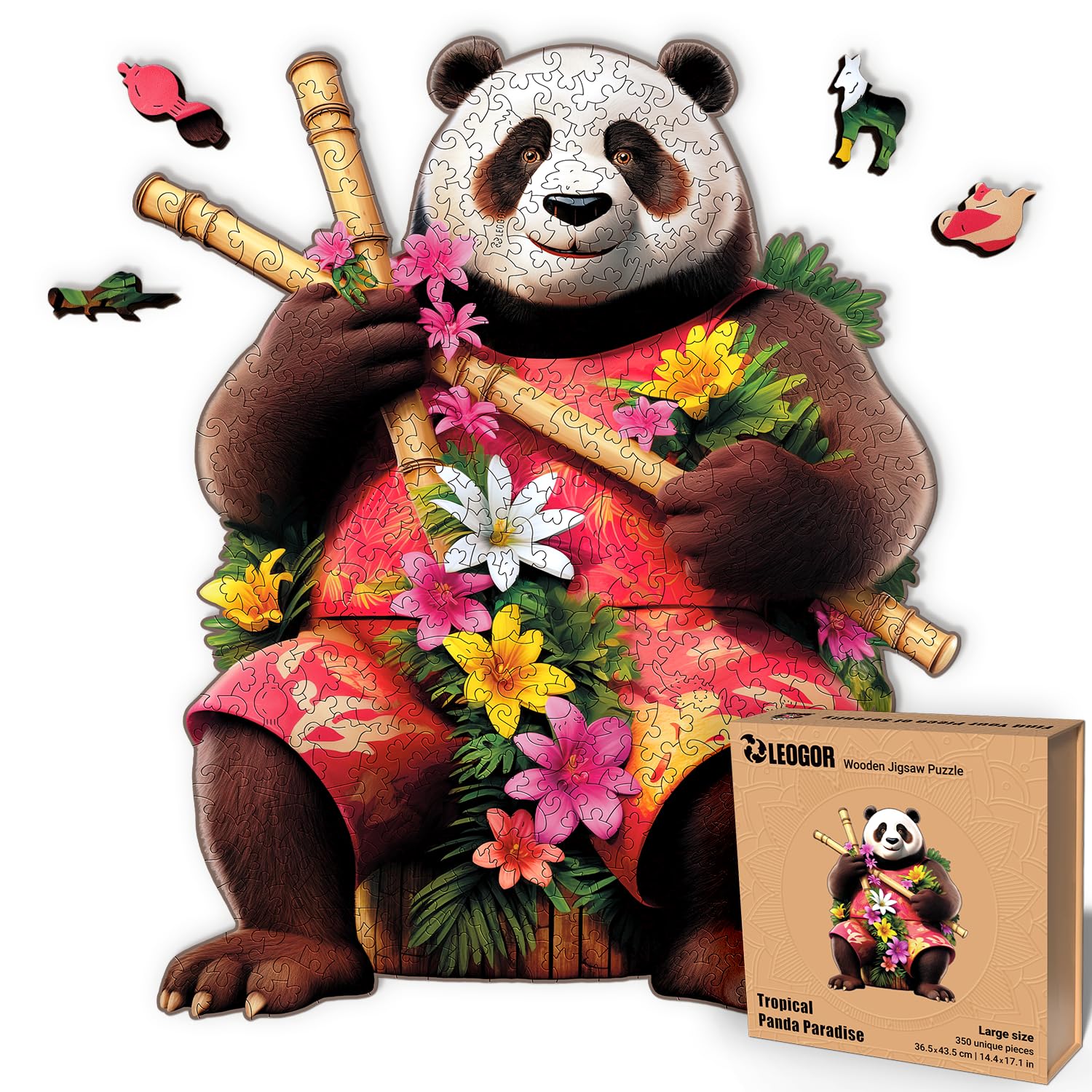 LEOGOR Large Wooden Puzzles for Adults - Tropical Panda Paradise - (350 Piece, 14.4"x17.1") - Colorful Mosaic of Animal Shaped and Nature Inspired Wood Whimsy Jigsaws