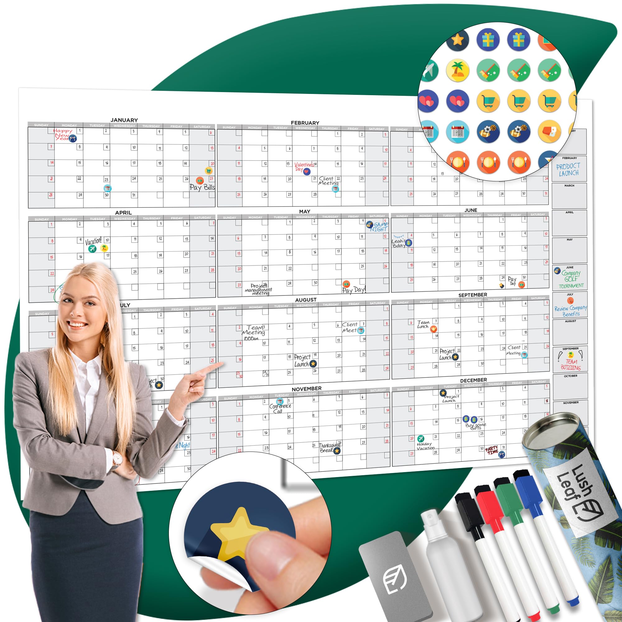 Giant Wall Calendar 2025, 38" x 58" - Dry Erase, Undated, Yearly, Reusable - 12 Month Large Whiteboard for Home, Classroom & Office, Includes Markers, Eraser & Accessories