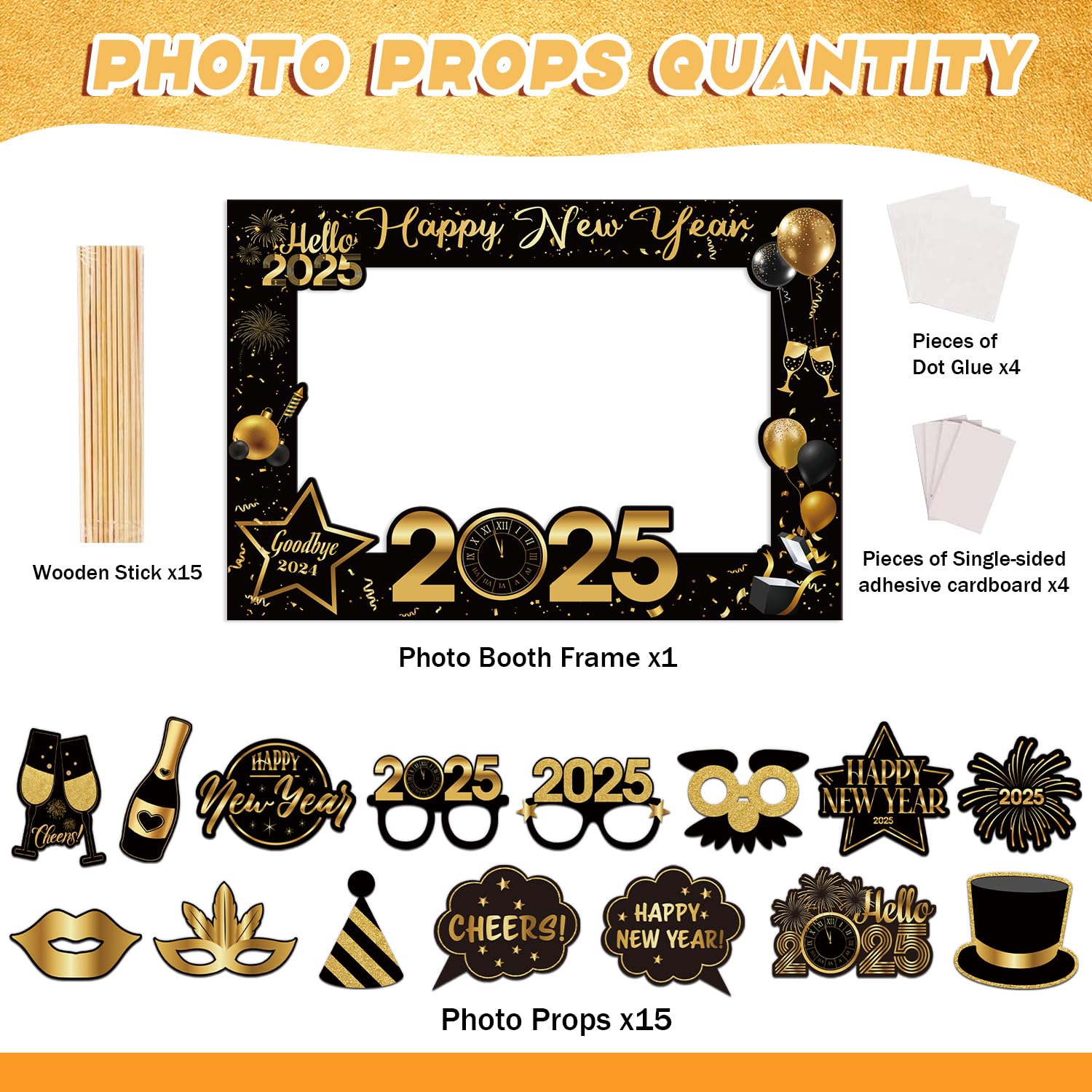 New Years Eve Party Supplies 2025 New Years Eve Photo Booth Props Set, 15Pcs Happy New Years Photo Booth Props, Happy New Years Photo Booth Frame for New Years Decorations New Years Eve Party Supplies