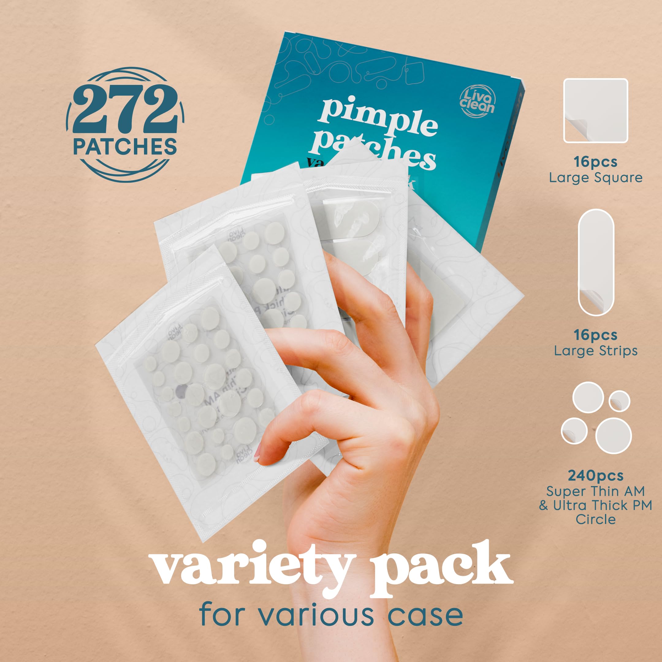 LivaClean 272 CT Pimple Patches Variety Pack w/ Tea Tree Oil, Salicylic Acid & Calendula Oil - Pimple Patches Large, Large Pimple Patches for Face Acne Patches Large, Hydrocolloid Patches