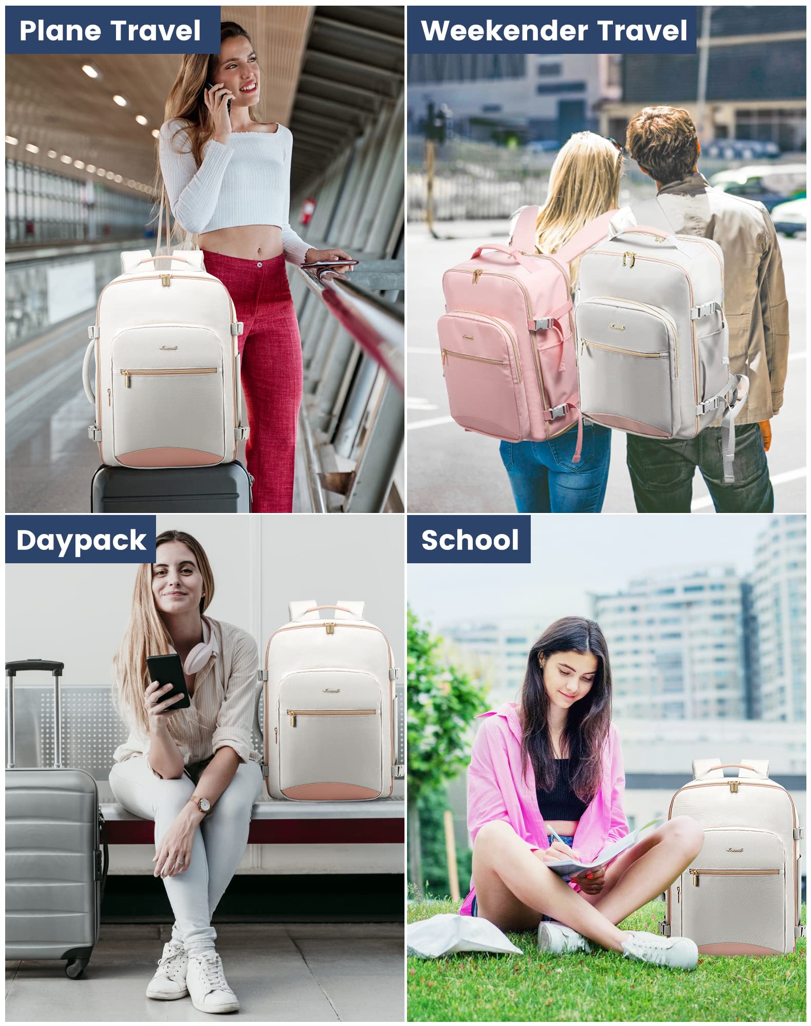 LOVEVOOK Travel Backpack for Women & Men 40L,Airline Approved Carry On Backpack Travel Essentials,TSA Carry on Luggage,Waterproof Personal Item Travel Bag,Suitcase with 3 Packing Cubes,Light gray-Pink