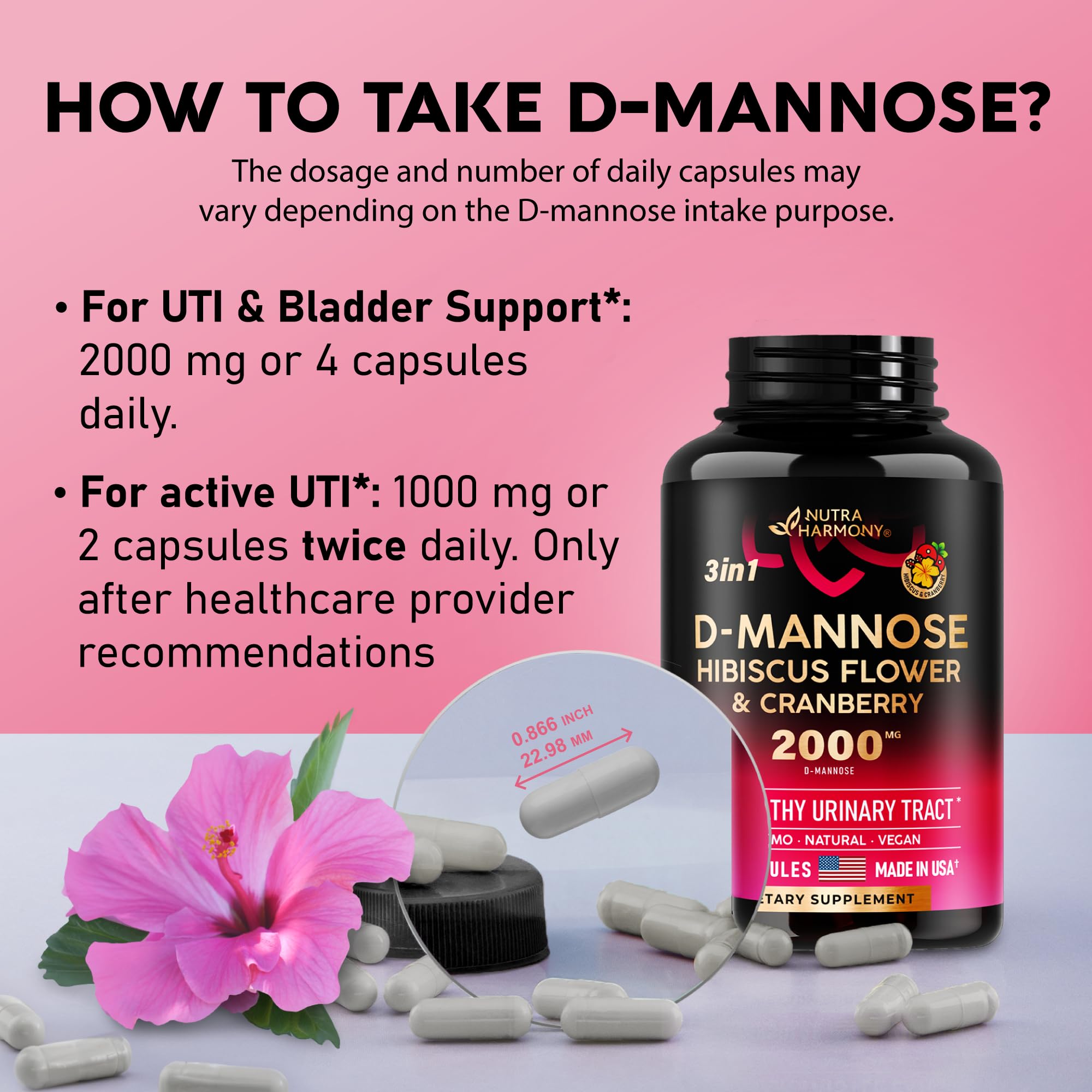 D-Mannose 2000mg Capsules - 3-in-1 Urinary Tract Health Supplement - Natural Bladder, Liver & Digestive Support with Cranberry & Hibiscus Flower - Made in USA - for Women & Men - 120 Vegan Pills