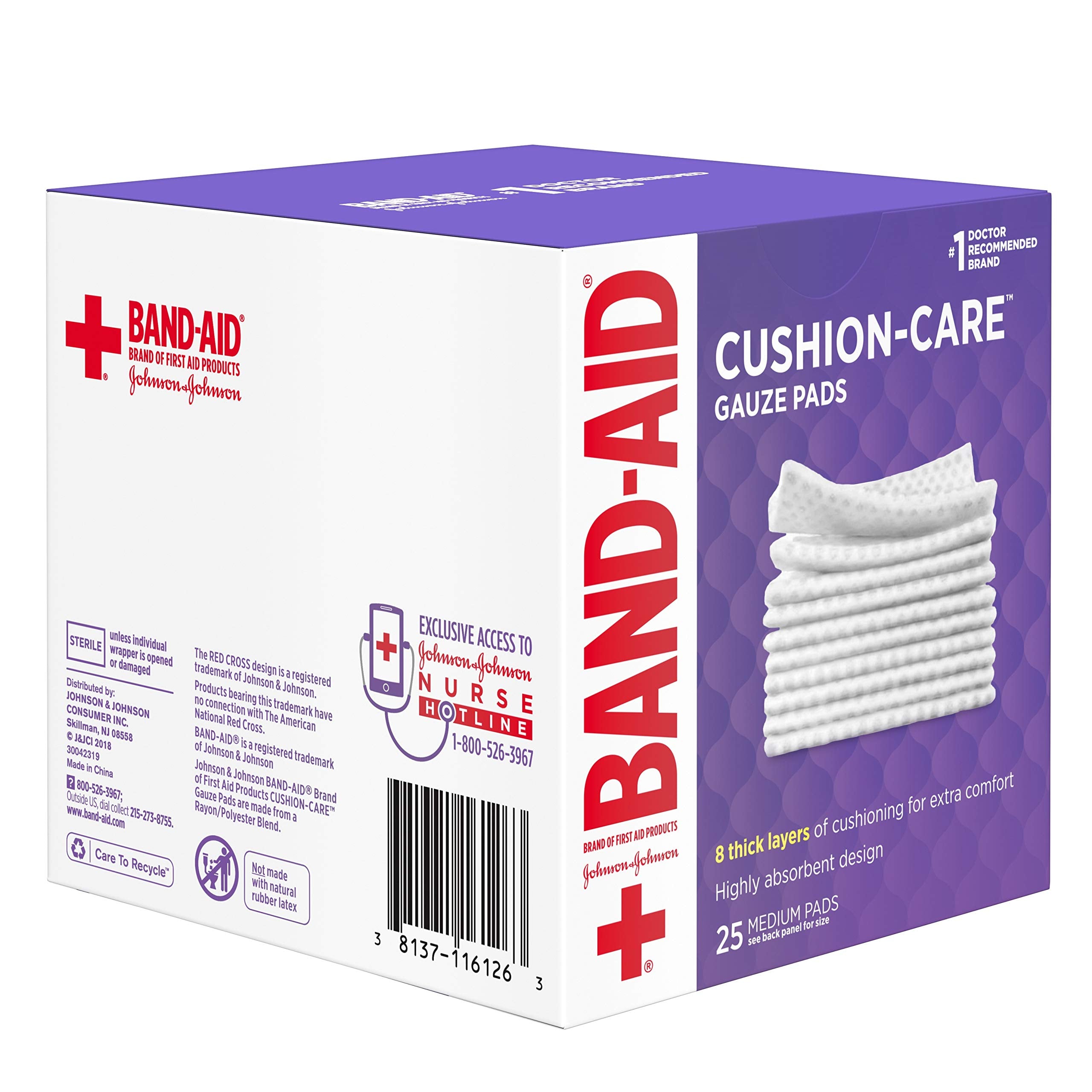 Band-Aid Brand Cushion Care Non-Stick Gauze Pads, Individually-Wrapped, Medium, 3 in x 3 in, 25 Count (Pack of 1)