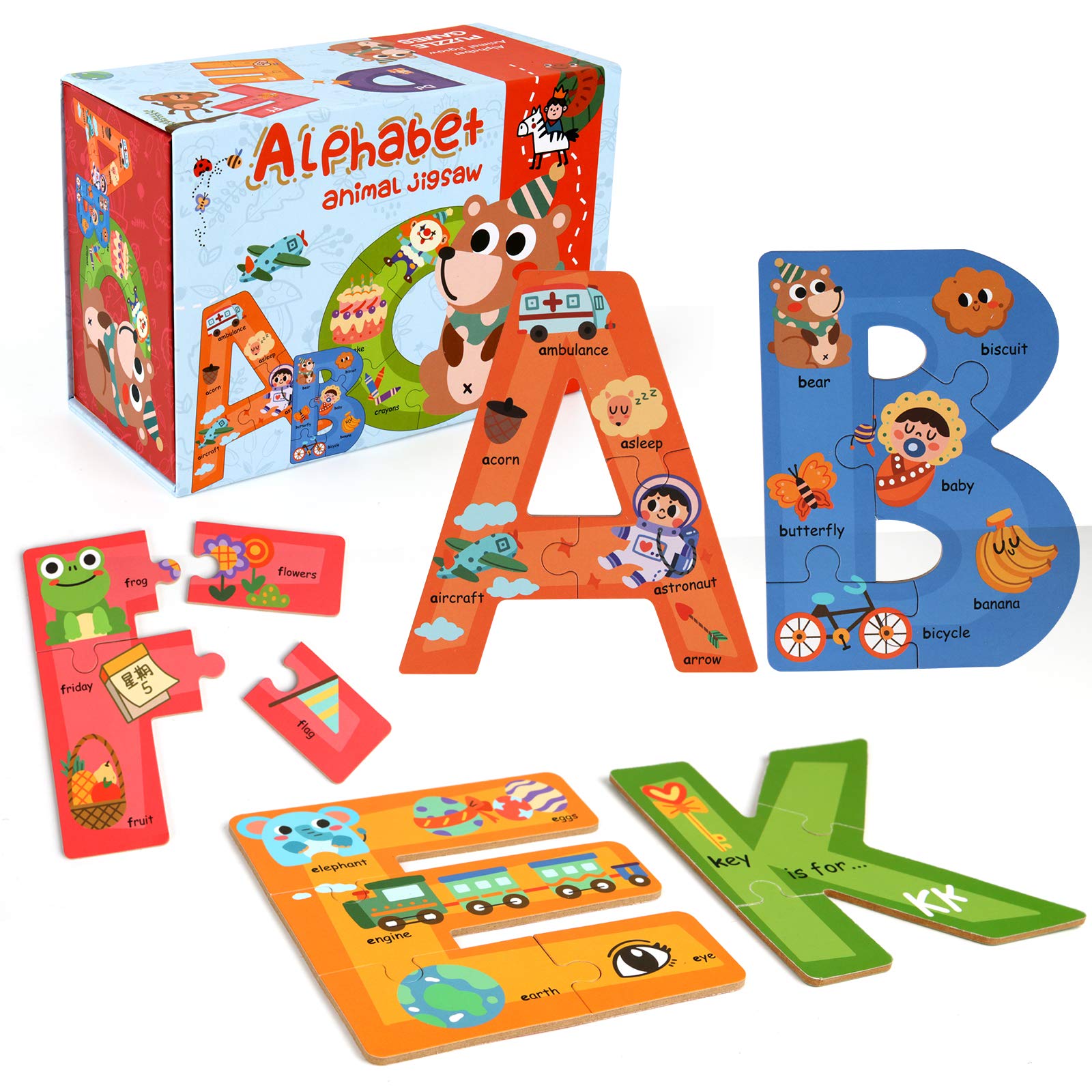 SYNARRY Wooden Alphabet Puzzles for Kids Ages 3-5, ABC Learning for Toddlers Ages 3+, Sight Words Letter Puzzles Montessori Toys Educational STEM for Preschool Boys Girls Kids Gifts