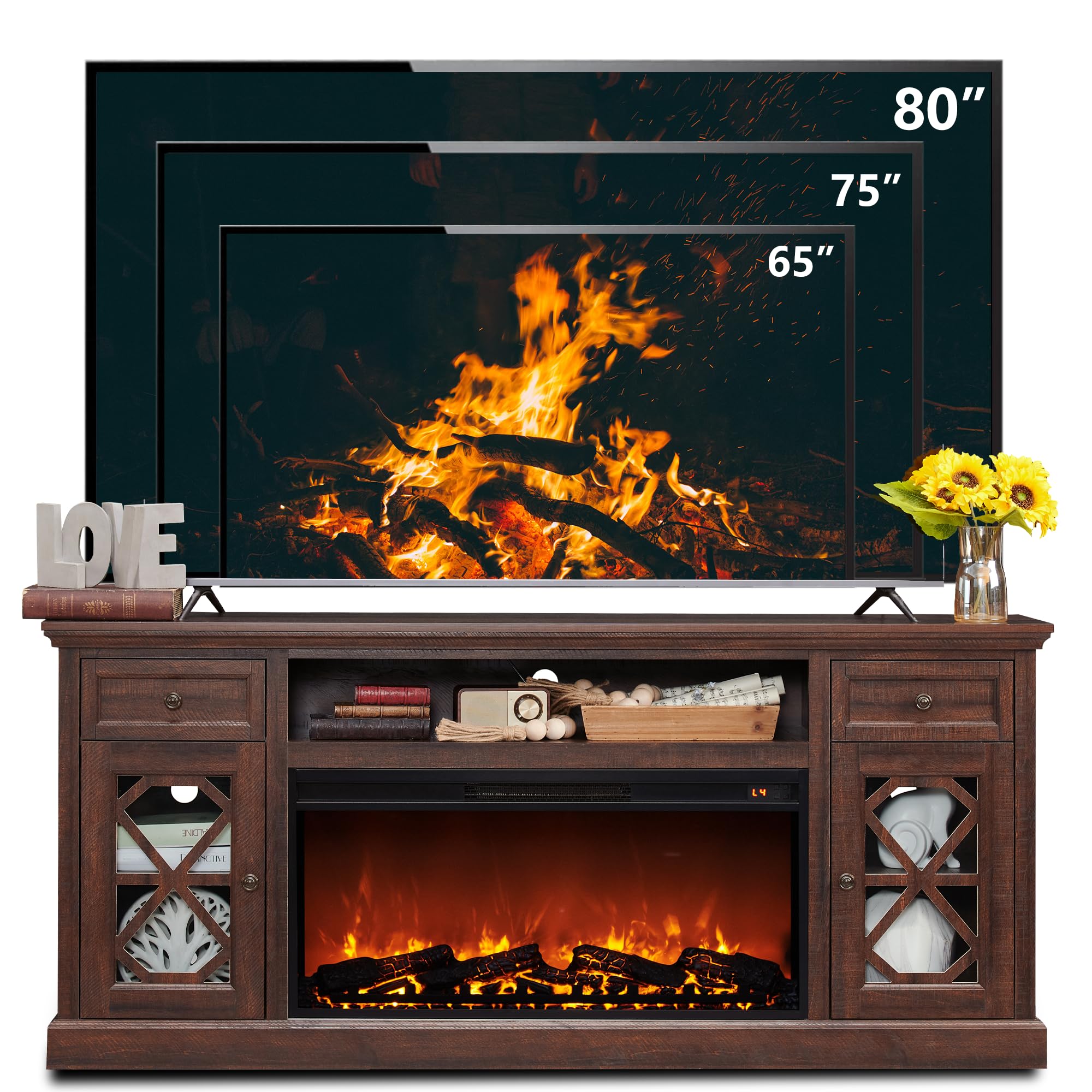 SinCiDo Farmhouse Fireplace TV Stand with 36" Electric Fireplace for 80 Inch TVs, 31" Tall Entertainment Center w/Drawer & Diamond Panel Door, Highboy Media Console for Living Room, 70inch, Brown