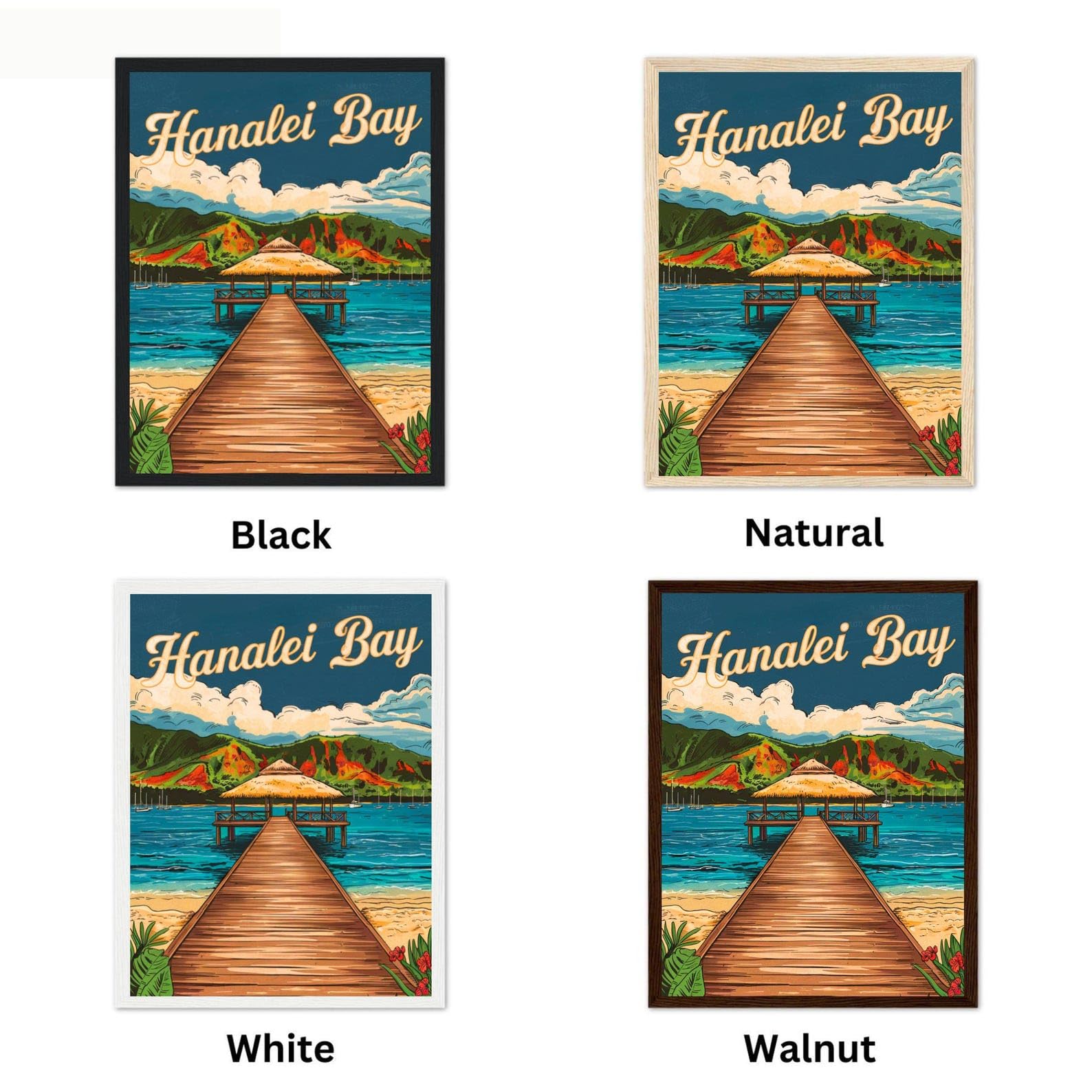 Hanalei Bay Vintage Travel Poster Hanalei Bay Print Hawaii Wall Art Framed Gift United States Present
