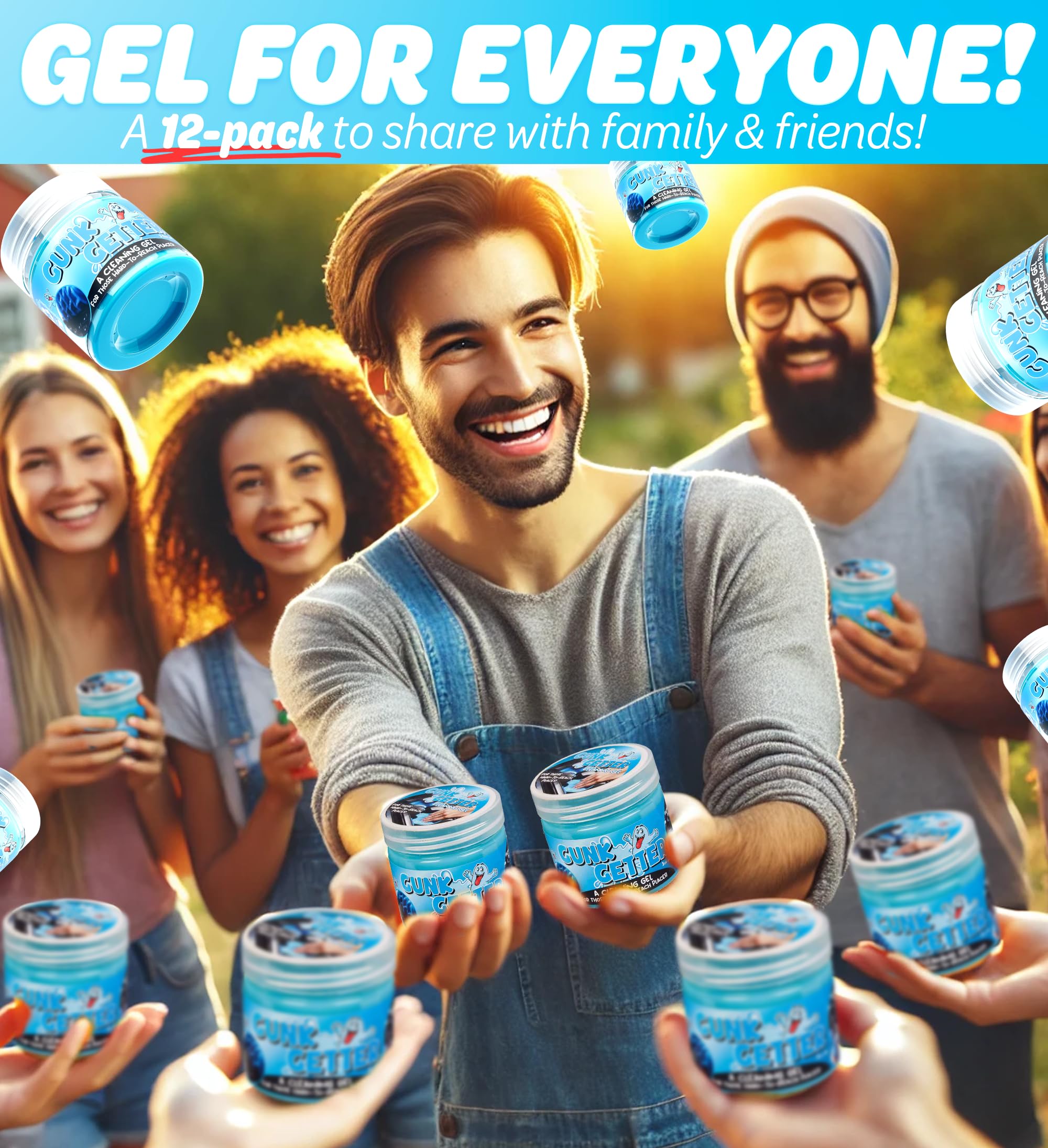 Gunk Getter 12 PACK Cleaning Gel for Those Hard to Reach Places, Automotive Cup Holder Electronic Keyboard Office, Slime Gel Cleaner Dust Crumb Removal (Jar, Blue, 3.5oz)