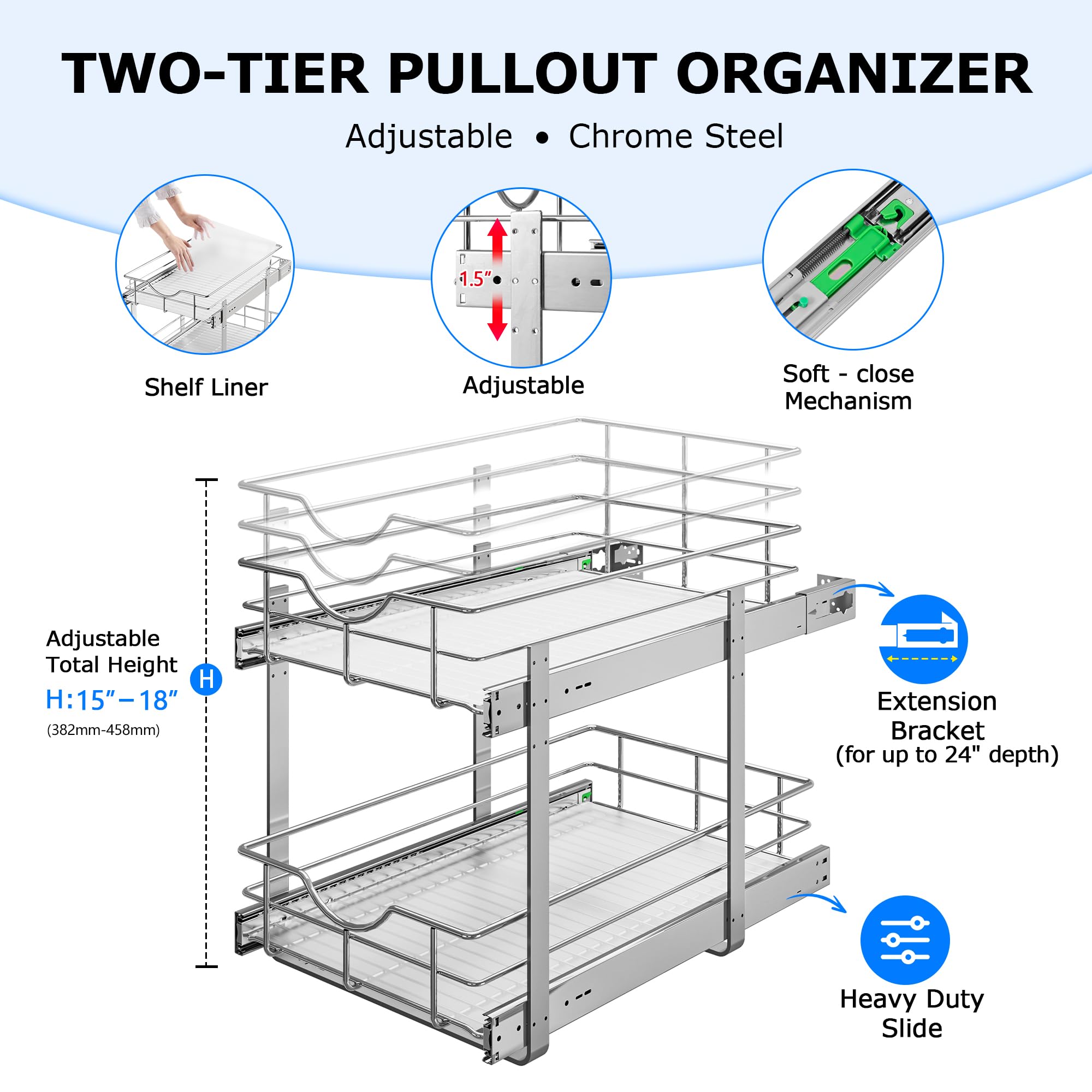 WelFurGeer 2 Tier Soft Close Pull Out Cabinet Organizer, 11" W x 21" D Pull Out Drawers for Cabinets, Kitchen Cabinet Organizers and Storage, Cabinet Roll Out Drawers, Pull Out Shelf for Cabinets