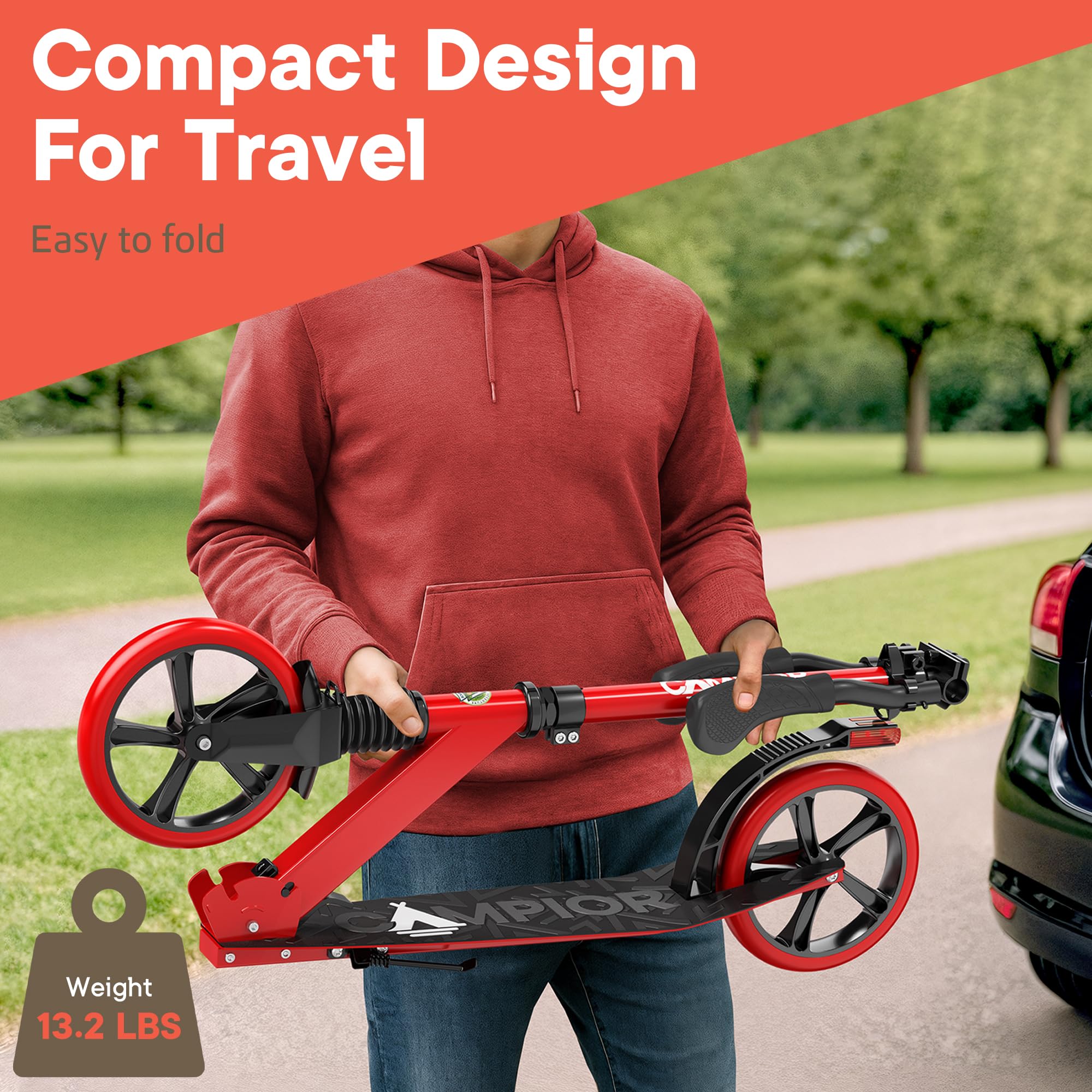Campior Kick Scooter for Ages 6+, for Kids, Teens, and Adults, Max Load 240 LBS, Foldable, 8-inch Big Wheels for Kids and Adults, with Kickstand, 3 Adjustable Levels, Child Safety Approved, Red