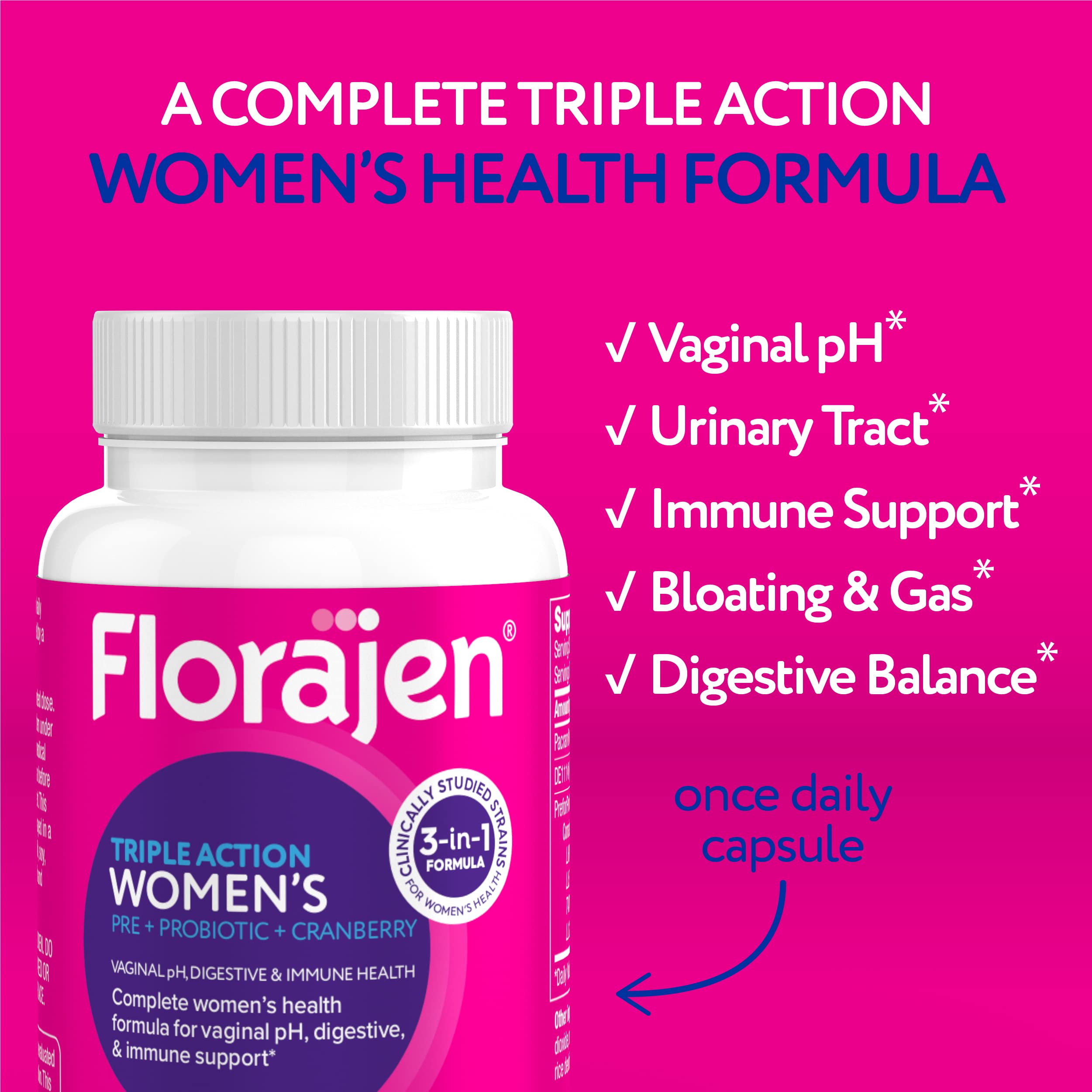 Florajen Women's Vaginal Probiotic, Prebiotic, & Cranberry Supplement for Immune Support and Digestive Health, 45 Capsules