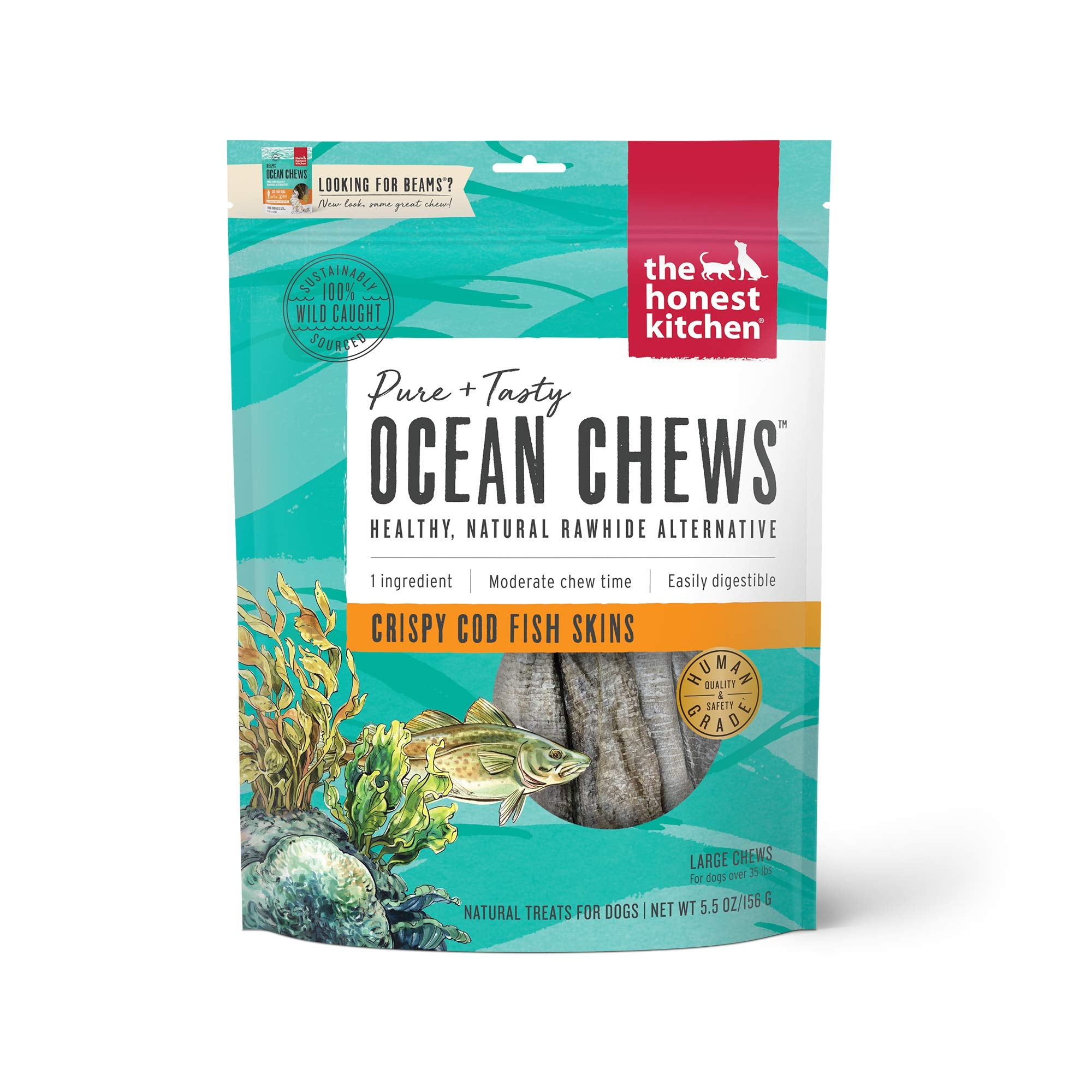 The Honest Kitchen Ocean Chews Crispy Cod Fish Skins Dog Treats, 5.5 Oz (Beams)