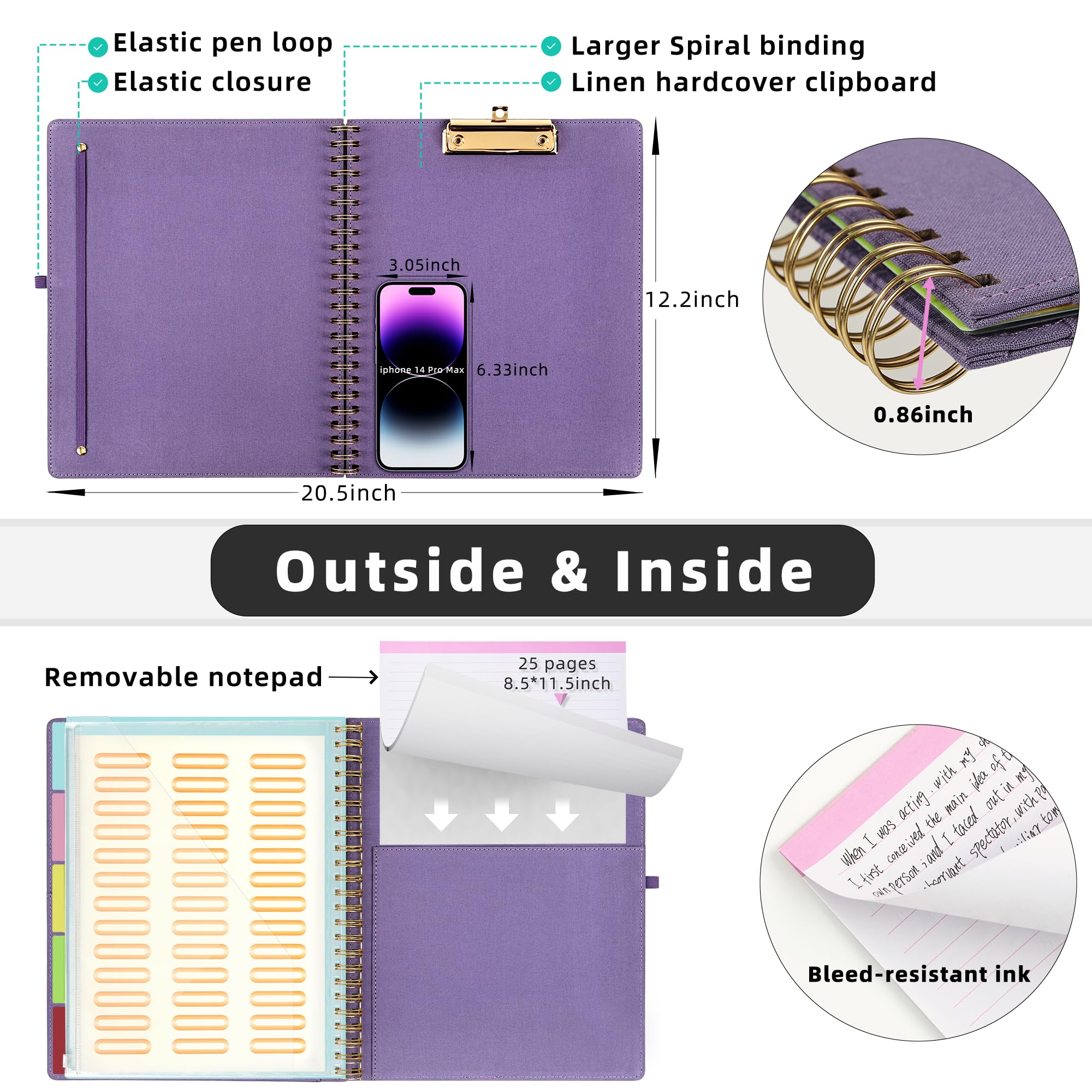 Ospelelf Foldable Spiral Clipboard Folio with Storage Zipper Pouch, 5 Plastic Folders with 10 Pockets,Refillable Lined Notepad (11" x 8.5"), Hardcover Project Organizer with 39 Stickers (Purple)