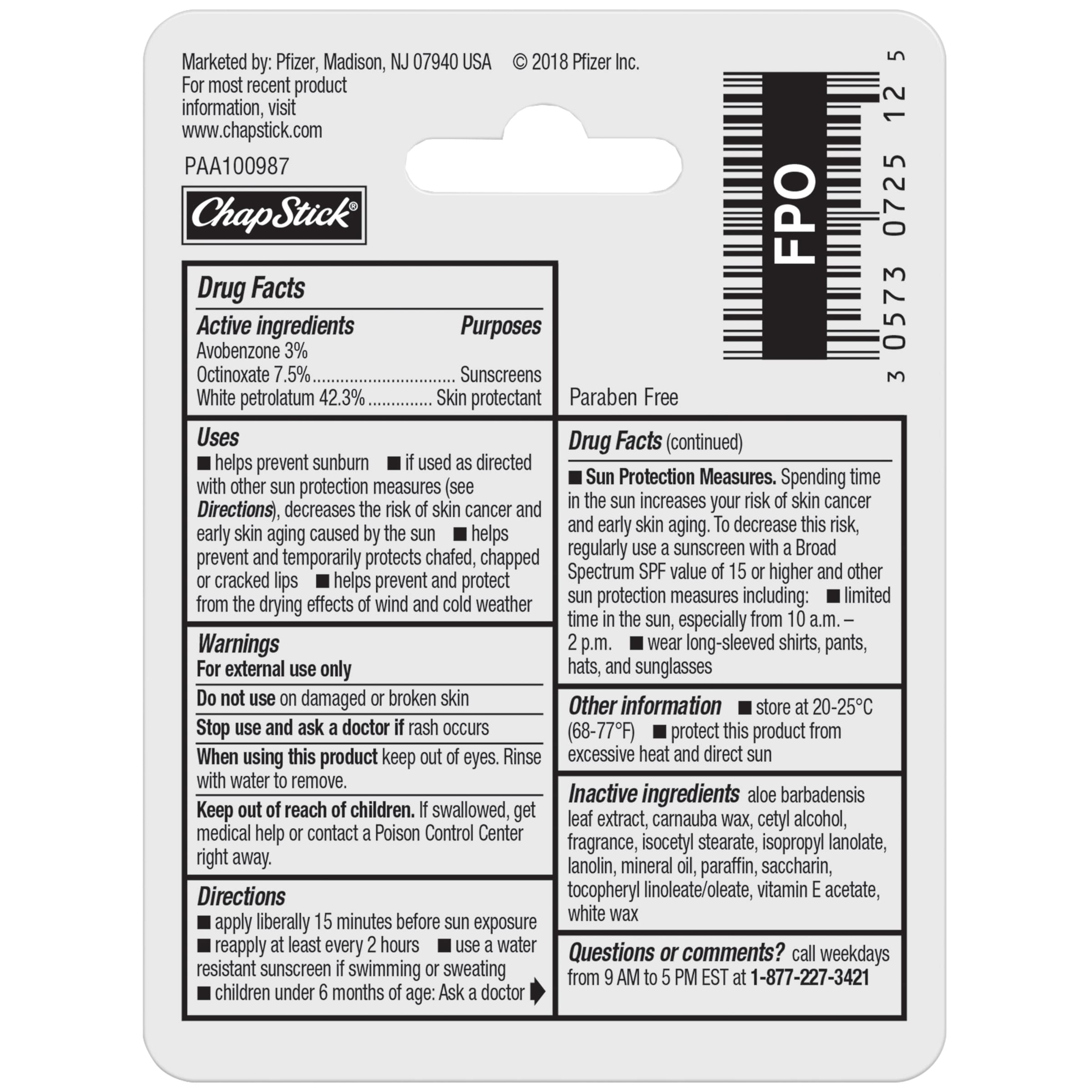 ChapStick Moisturizer Original Lip Balm Tubes, SPF 15 and Skin Protectant - 0.15 Oz (Pack of 12)