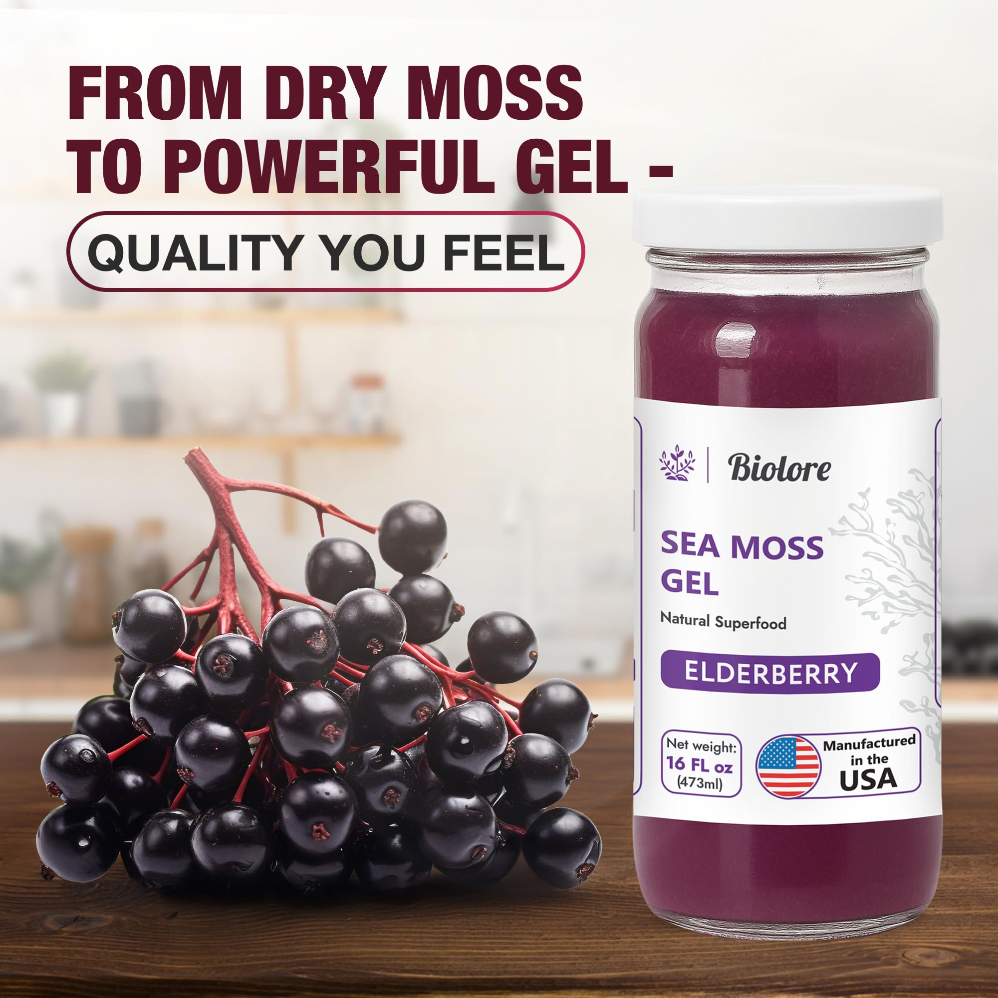 Biolore Sea Moss Gel - Elderberry 16oz, Wildcrafted Irish Seamoss with Essential Vitamins & Trace Minerals, Vegan Superfood Made in USA