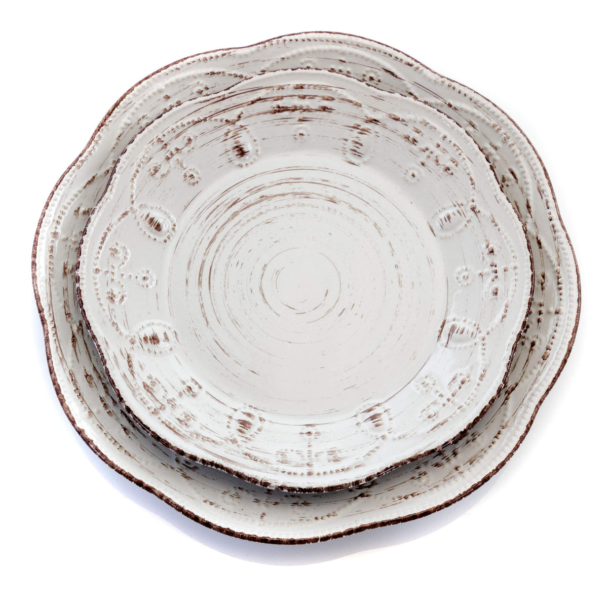 Elama Rustic Birch 16 Piece Embossed Scalloped Stoneware Round Dinnerware Set in White with Brown Accents
