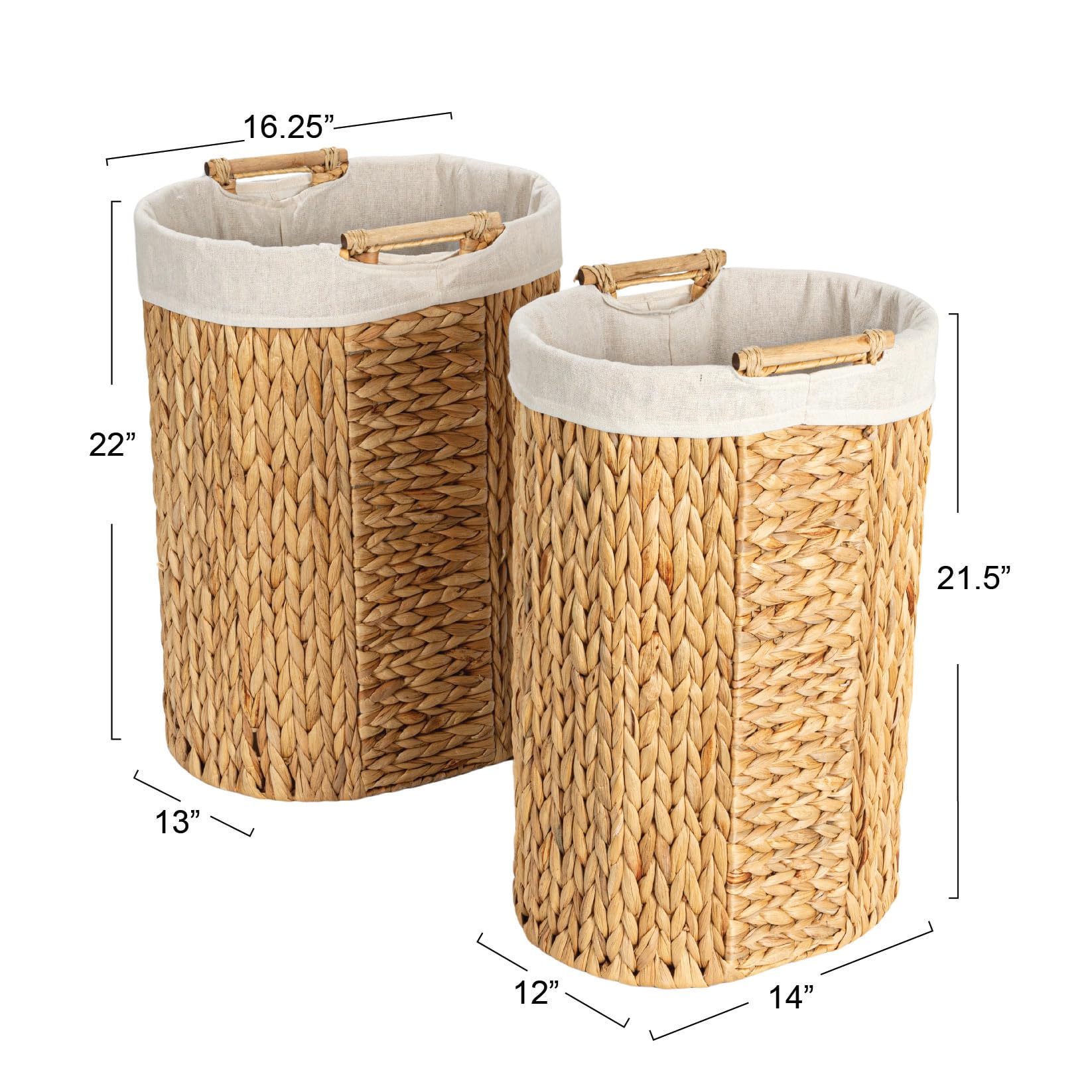 Household Essentials Handwoven Water Hyacinth Oval Hamper Set with Cotton Lining, Natural, Set of 2