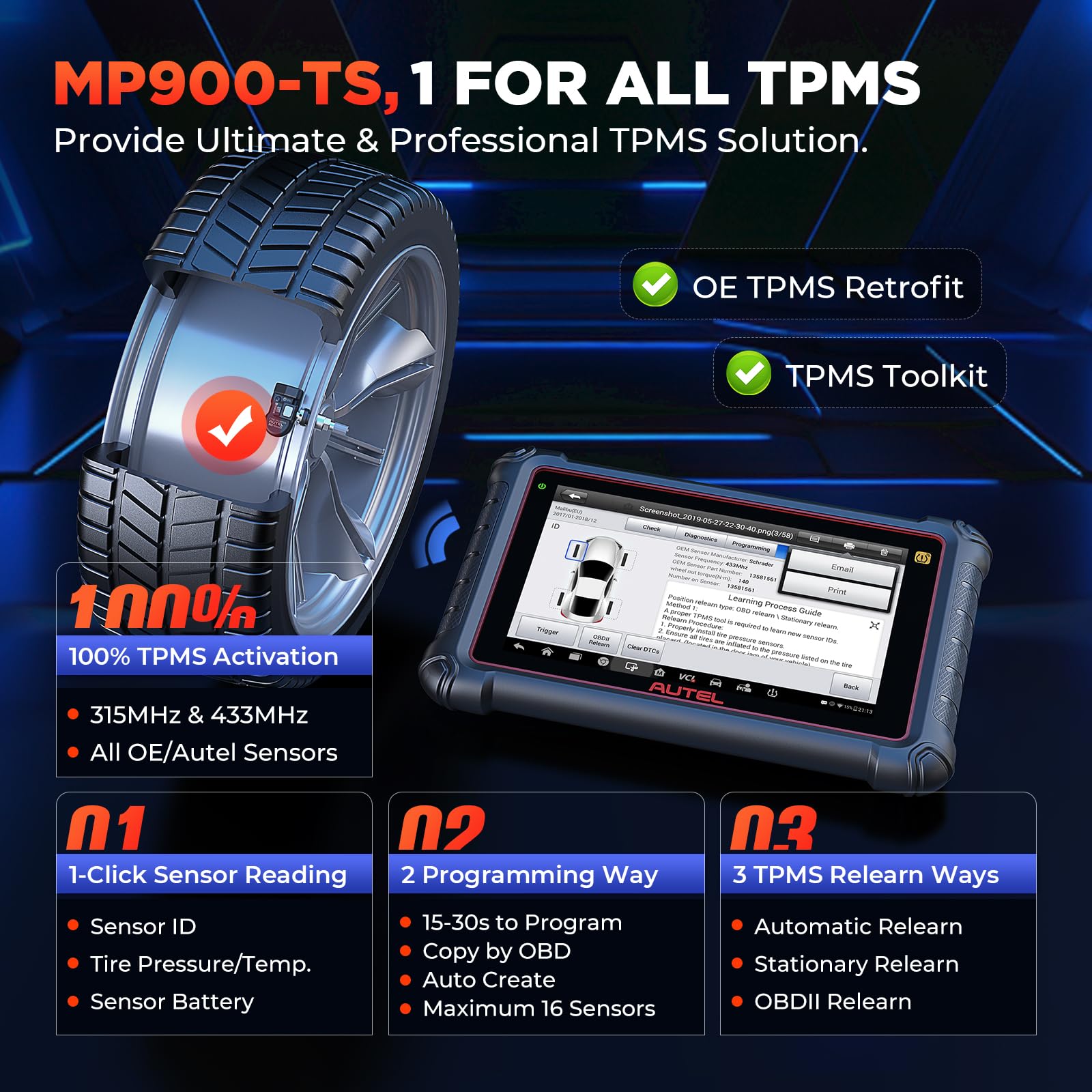 Autel MaxiPRO MP900TS Scanner 2025: MP900-TS up of MaxiSYS MS906TS MP900-BT MK900-TS, Top TPMS as MS906 Pro-TS, Pro ECU Coding, Bidirectional Tests, 40+ Service, 8'' All System OBD2 Tool, CAN FD&DOIP