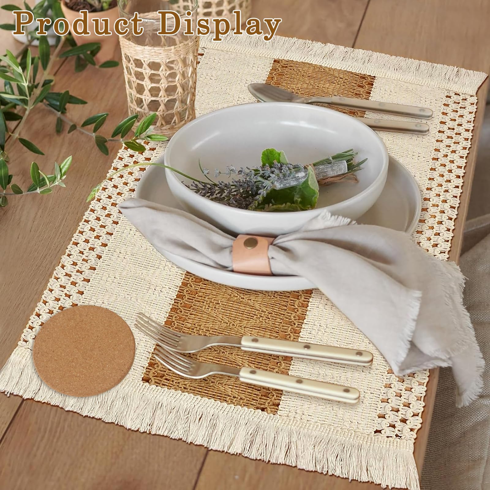 Maxsolve Boho Placemats and Cork Coasters Pack of 4,Natural Cotton Burlap Place Mats and Cork Coasters, Macrame Table Decor Dining Table Home Kitchen Décor for Party,Birthday,Anniversary and More