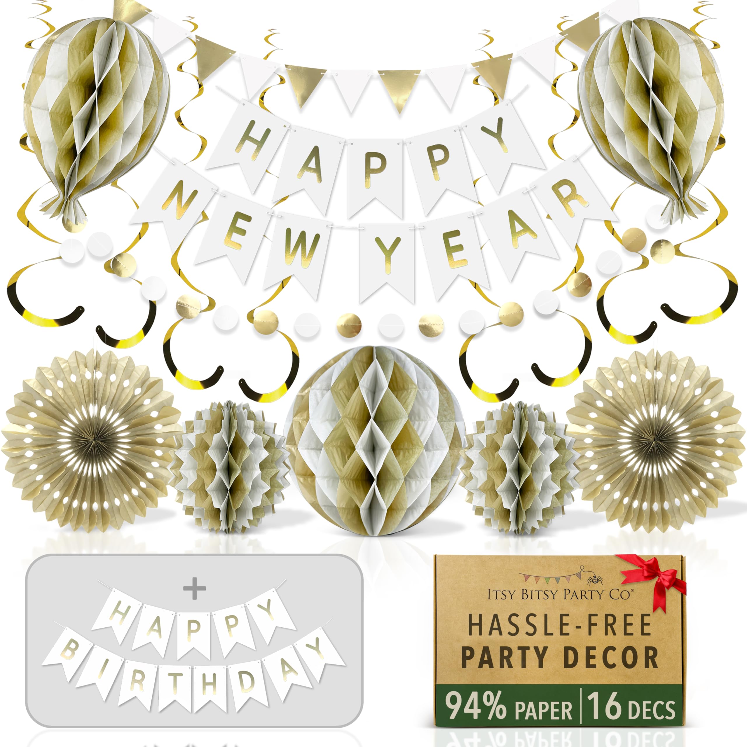 Premium Reusable Party Decorations - Happy New Year Decorations 2025, Multi-use Happy New Year Banner also spells Happy Birthday - New Years Eve Party Supplies 2025 / White & Gold Birthday Decorations