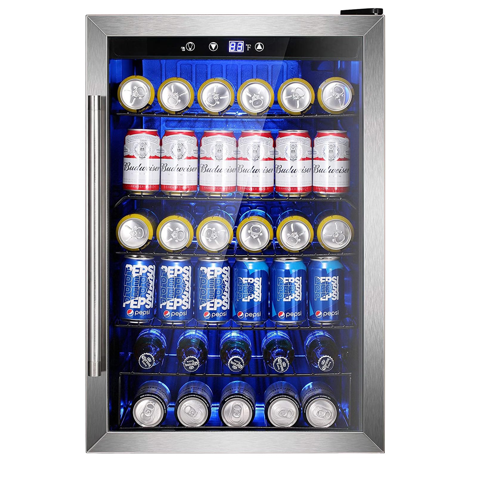 Wine Cooler 37 Bottle Freestanding Fridge with Stainless Steel Reversible Glass Door, 145 Can Beverage Refrigerator Quiet Compressor for Home Kitchen Bar, 4.5 Cu.ft Silver