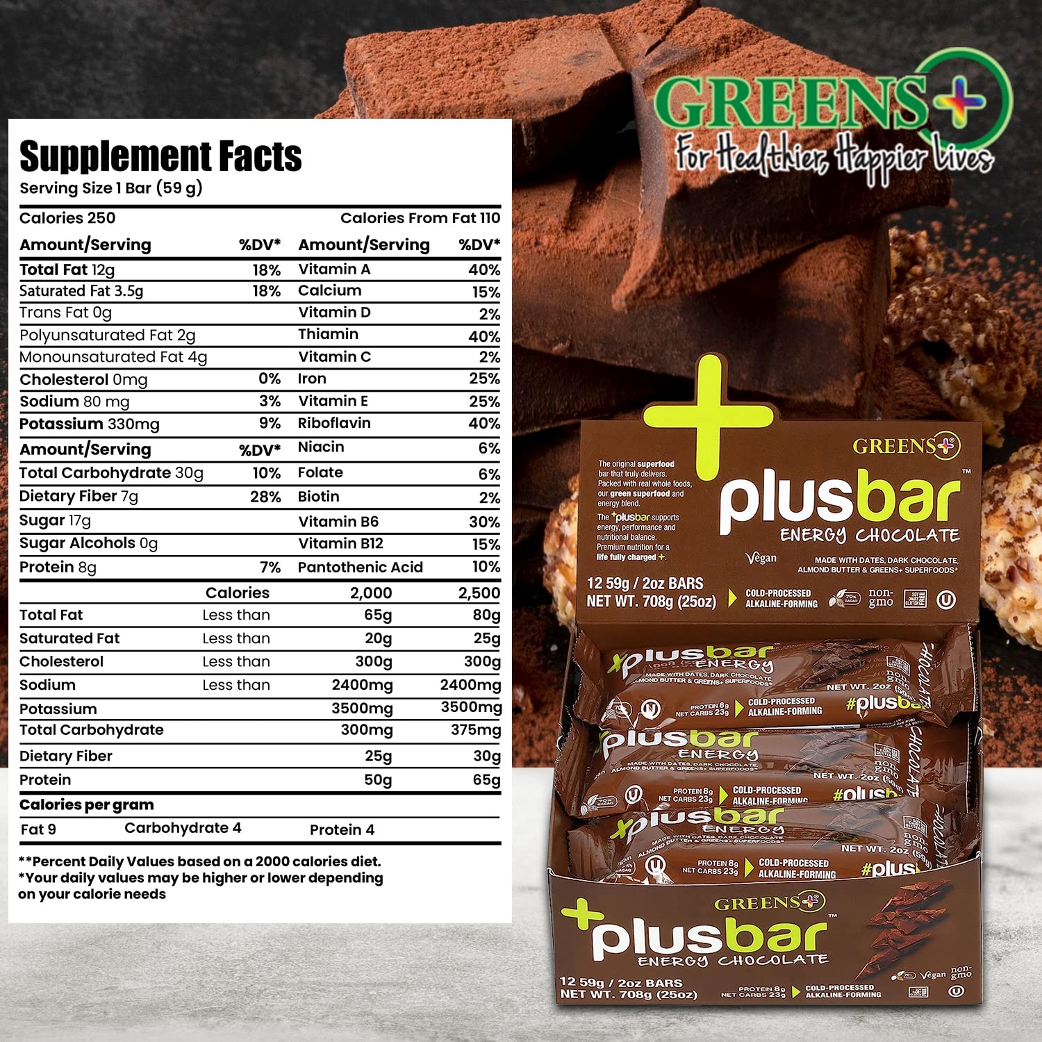 Greens+ Plusbar Energy Bars, Chocolate, Gluten Free Healthy Snacks with Organic Super Greens, Superfoods & Dark Chocolate, Vegan, Dairy Free & Non GMO, 8g Protein Meal Replacement Bars, 12 Bars