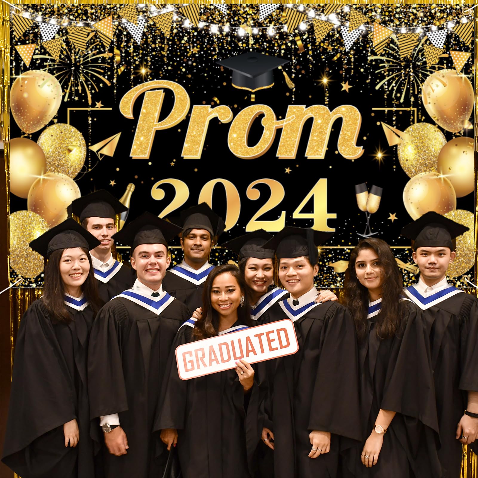 Qpout Prom 2024 Backdrop Black Gold Graduation Prom Night Class of 2024 Background Banner for Indoor Outdoor Grad University Student Graduation Prom Party Decorations,70.8 * 43.3inch