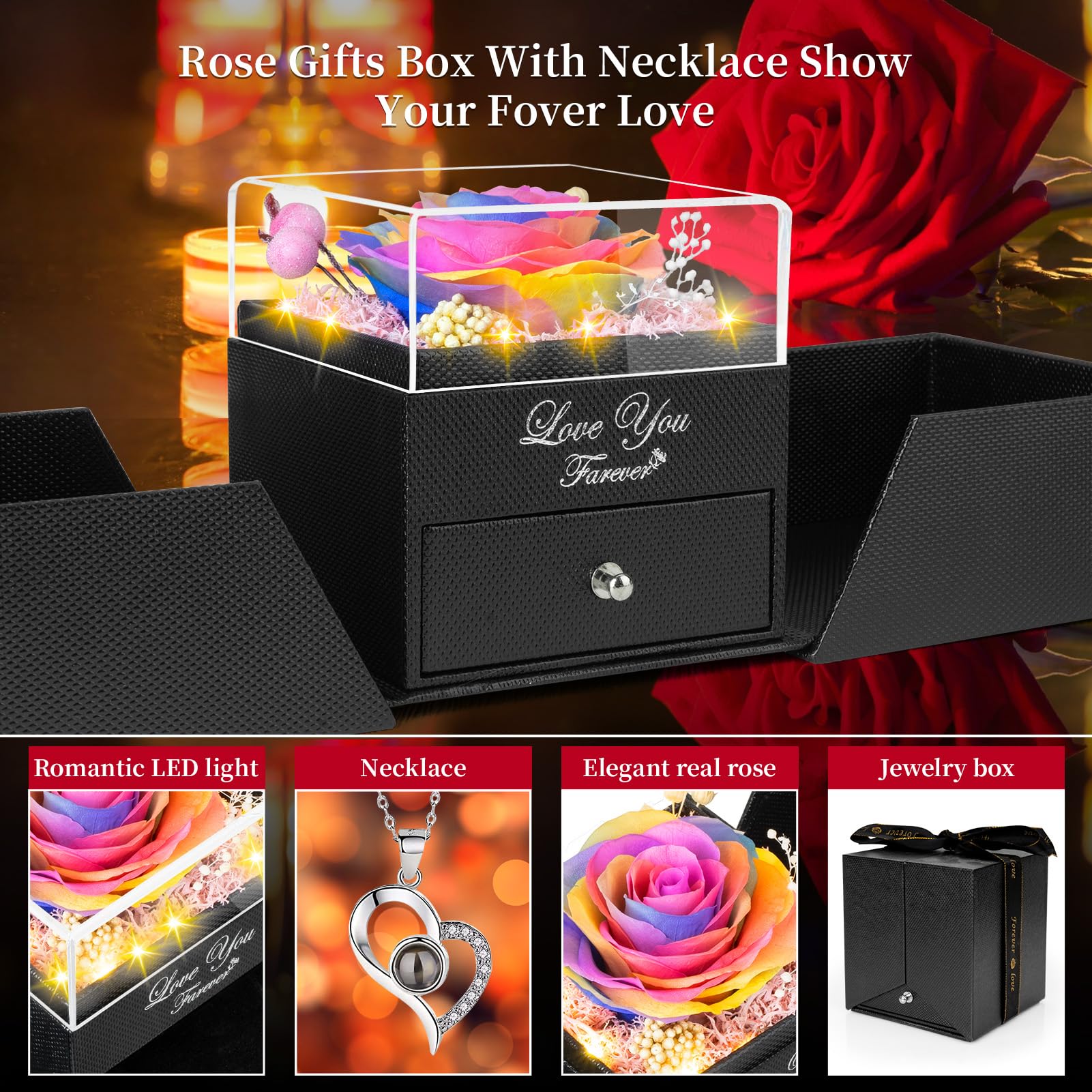 FOCIE Preserved Color Real Rose -Eternal Flowers Rose Gifts for Mom Grandma Wife Girlfriend on Mothers Day Valentines Day Gifts for Her Christmas Birthday Anniversary with I Love You Necklace