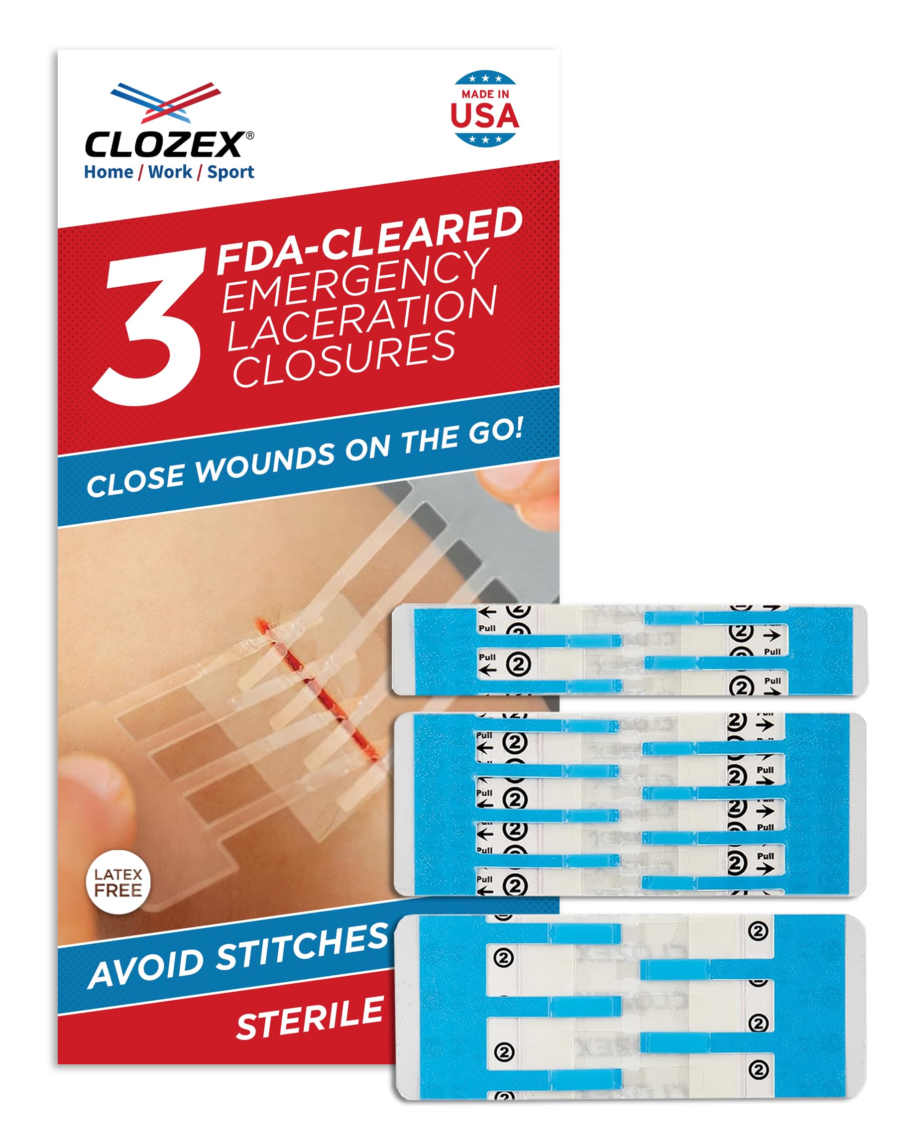 Clozex Emergency Laceration Closures - Repair Wounds Without Stitches. FDA Cleared Skin Closure Device for 3 Individual Wounds Or Combine for Total Length of 4 1/4 Inches.