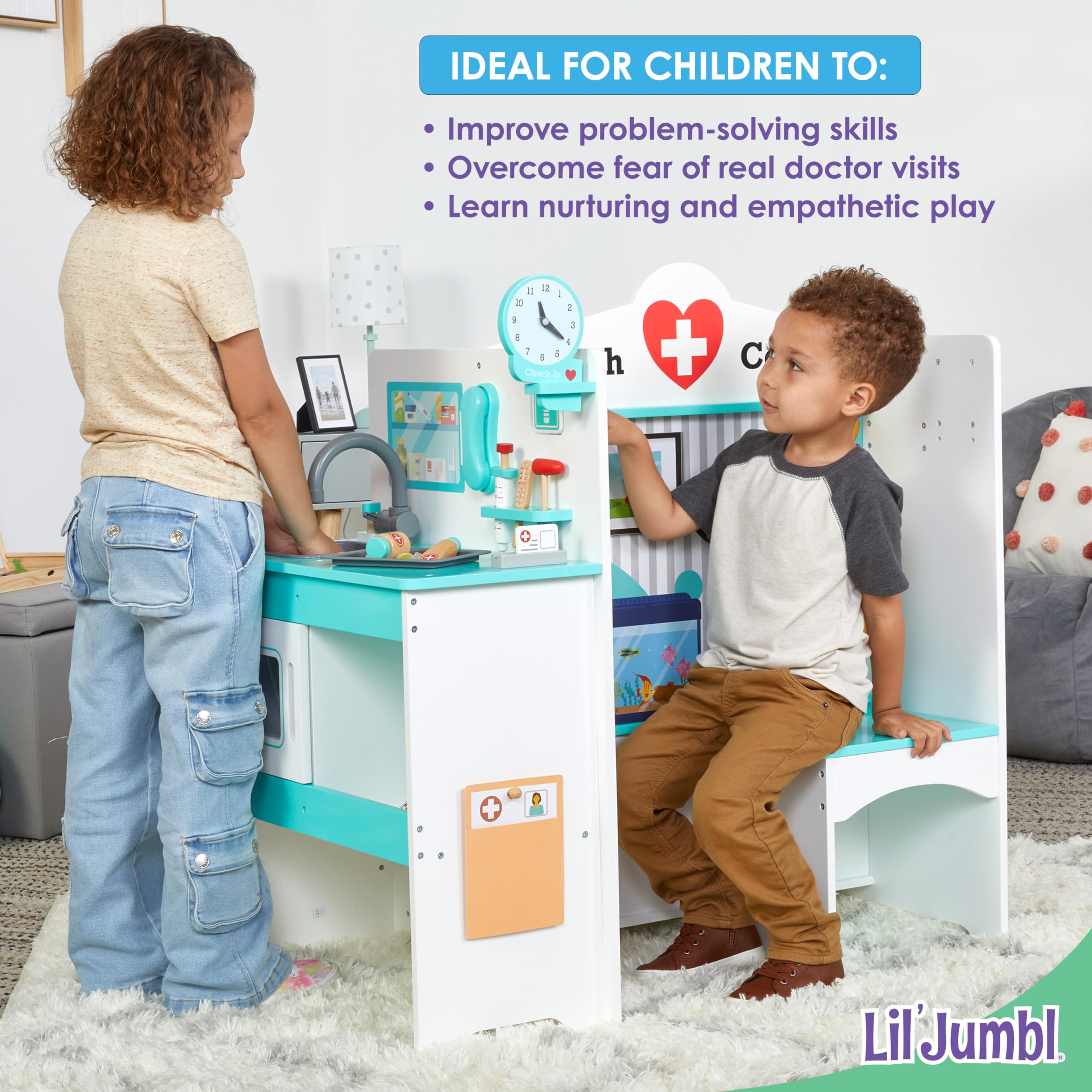 Lil’ Jumbl Wooden Doctor Playset, Multi-Sided Medical Office Activity Center with Exam Room, Check-in & Waiting Areas, Toddler Playset, Doctors Office Pretend Play