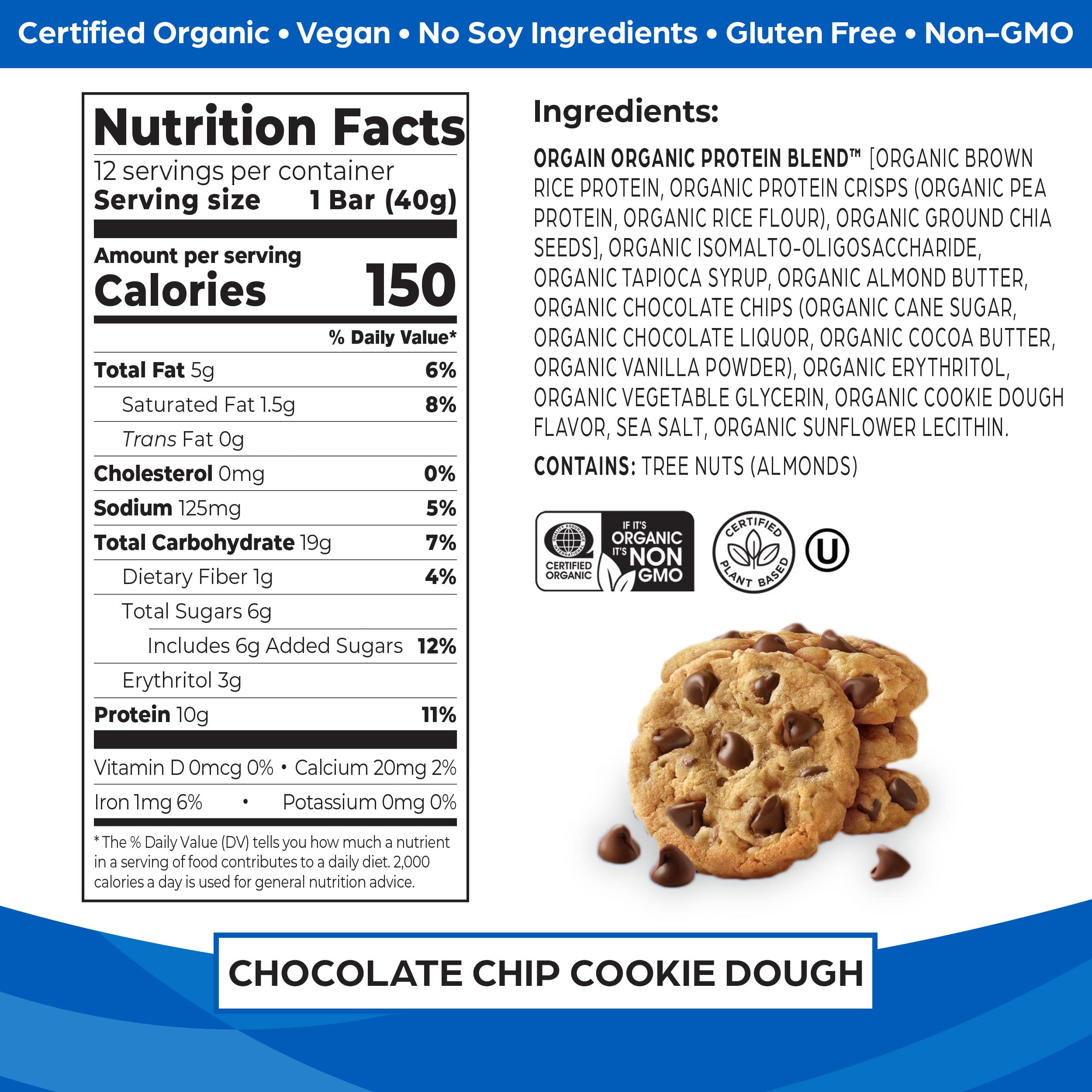 Orgain Organic Vegan Protein Bars, Chocolate Chip Cookie Dough - 10g Plant Based Protein, Low Calorie Healthy Snacks, No Lactose or Soy Ingredients, Gluten Free, Non-GMO - 1.41 Oz (Pack of 12)